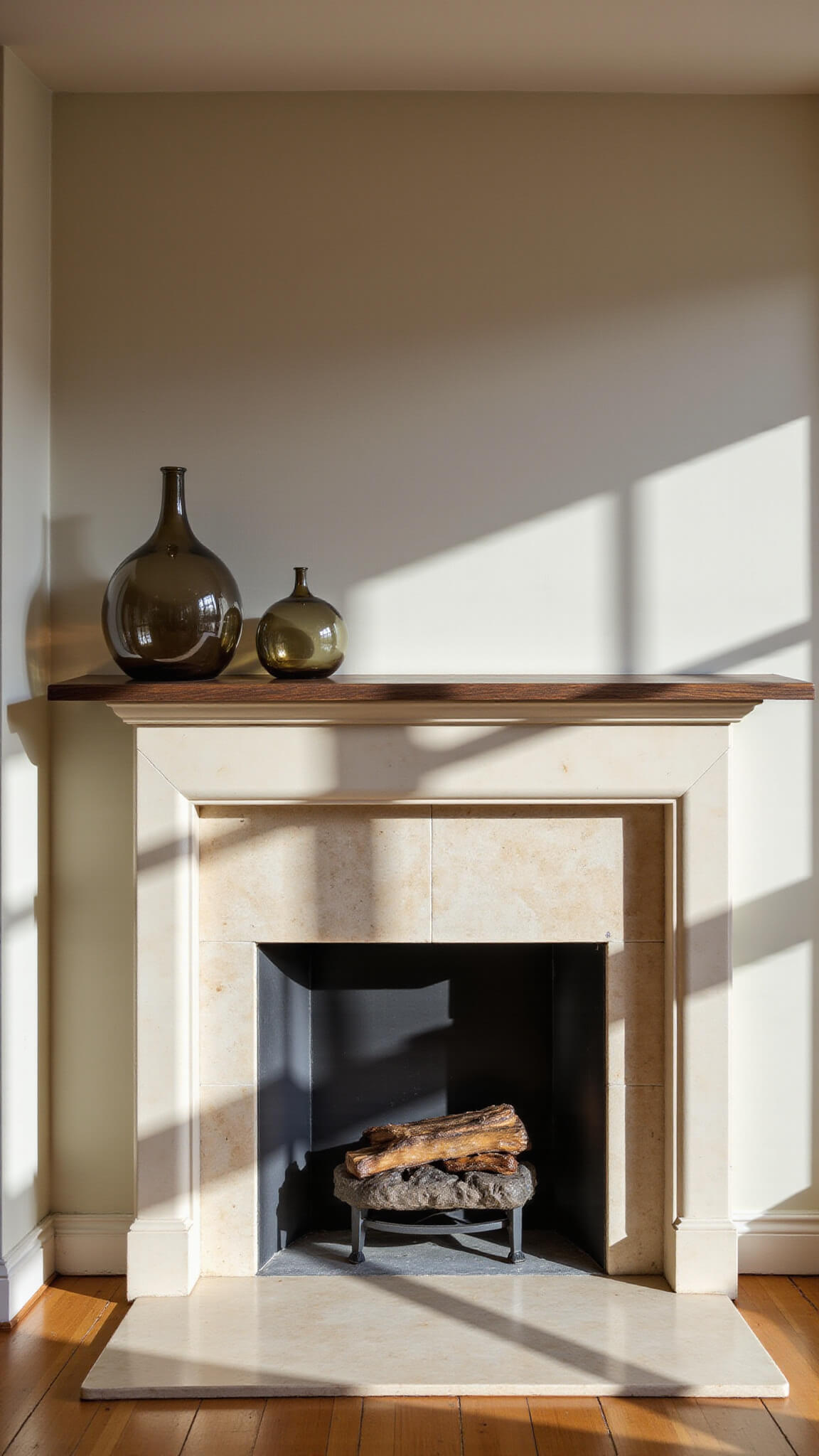 Elegant 22x26ft living room with bleached oak mantel, cream limestone fireplace, and smoky glass vessels, bathed in early morning light with soft lamp fill.