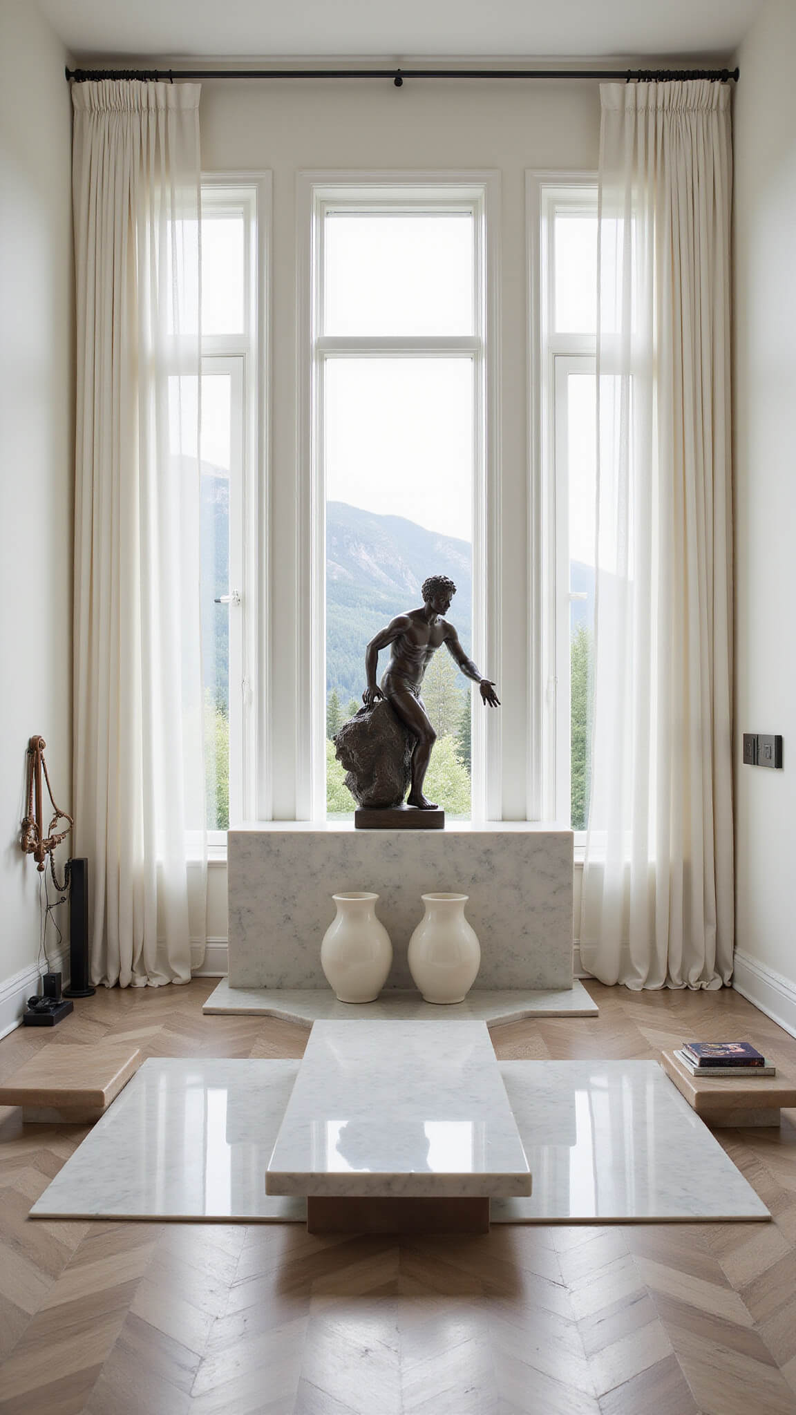 Luxurious great room with white marble mantel, bronze sculpture, cream ceramic vessels, floor-to-ceiling windows showing mountain view, and soft natural lighting.