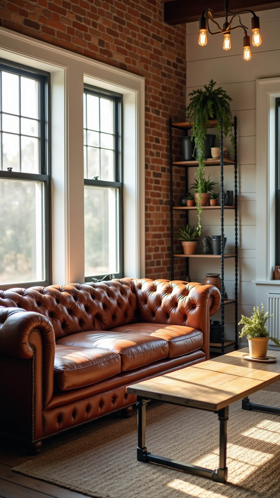 Industrial farmhouse living room with exposed brick and shiplap walls, leather Chesterfield sofa, barn wood coffee table, metal pipe shelving, and vintage decor bathed in golden hour sunlight.