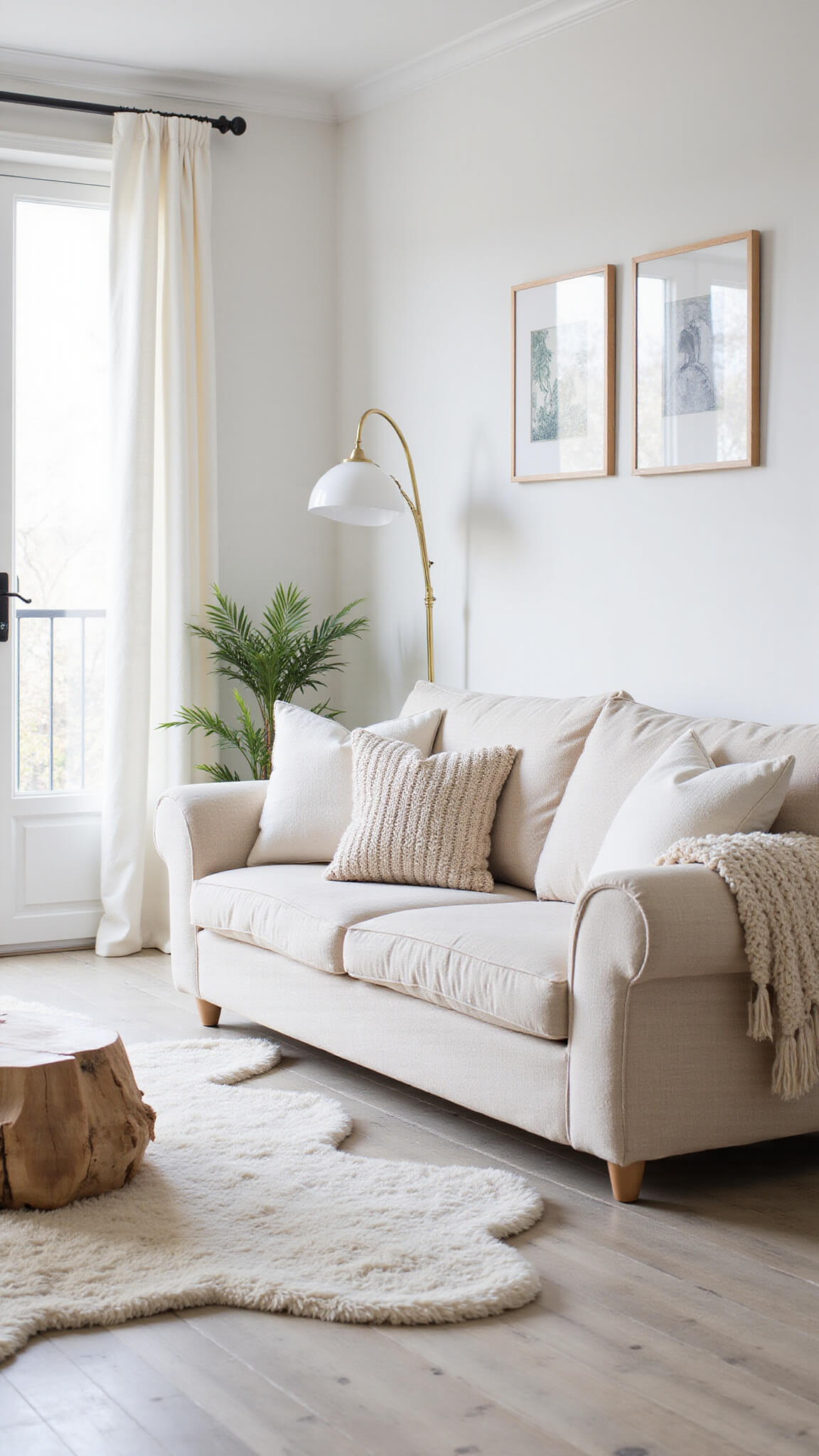 Bright Scandinavian living room with cream bouclé sofa, sheepskin rugs, and floor-to-ceiling windows streaming natural light.