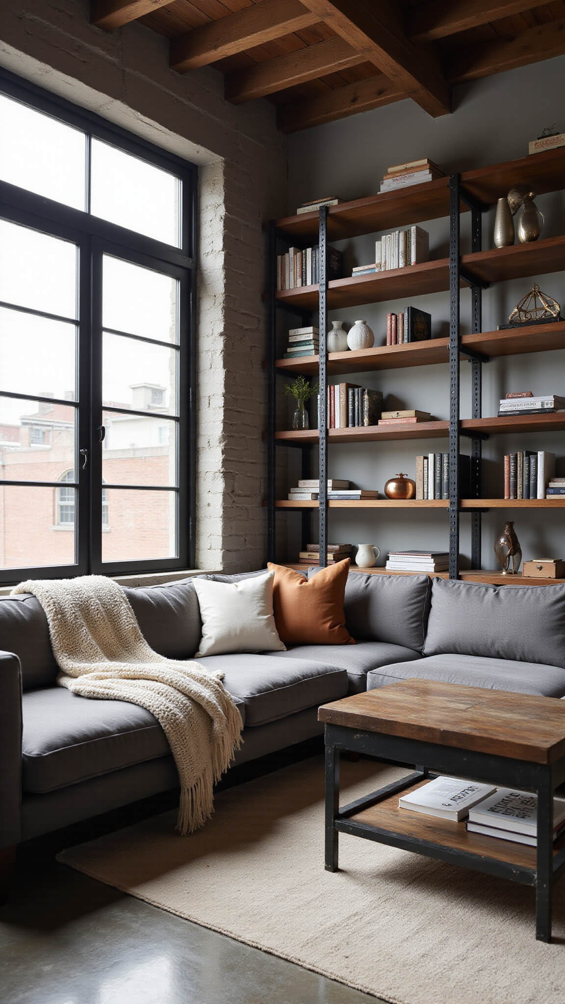 Loft living space with morning light streaming through tall factory windows, featuring gray linen sectional with cozy throw, industrial cart coffee table, and wall-spanning black metal and wood bookshelf under exposed steel beams.