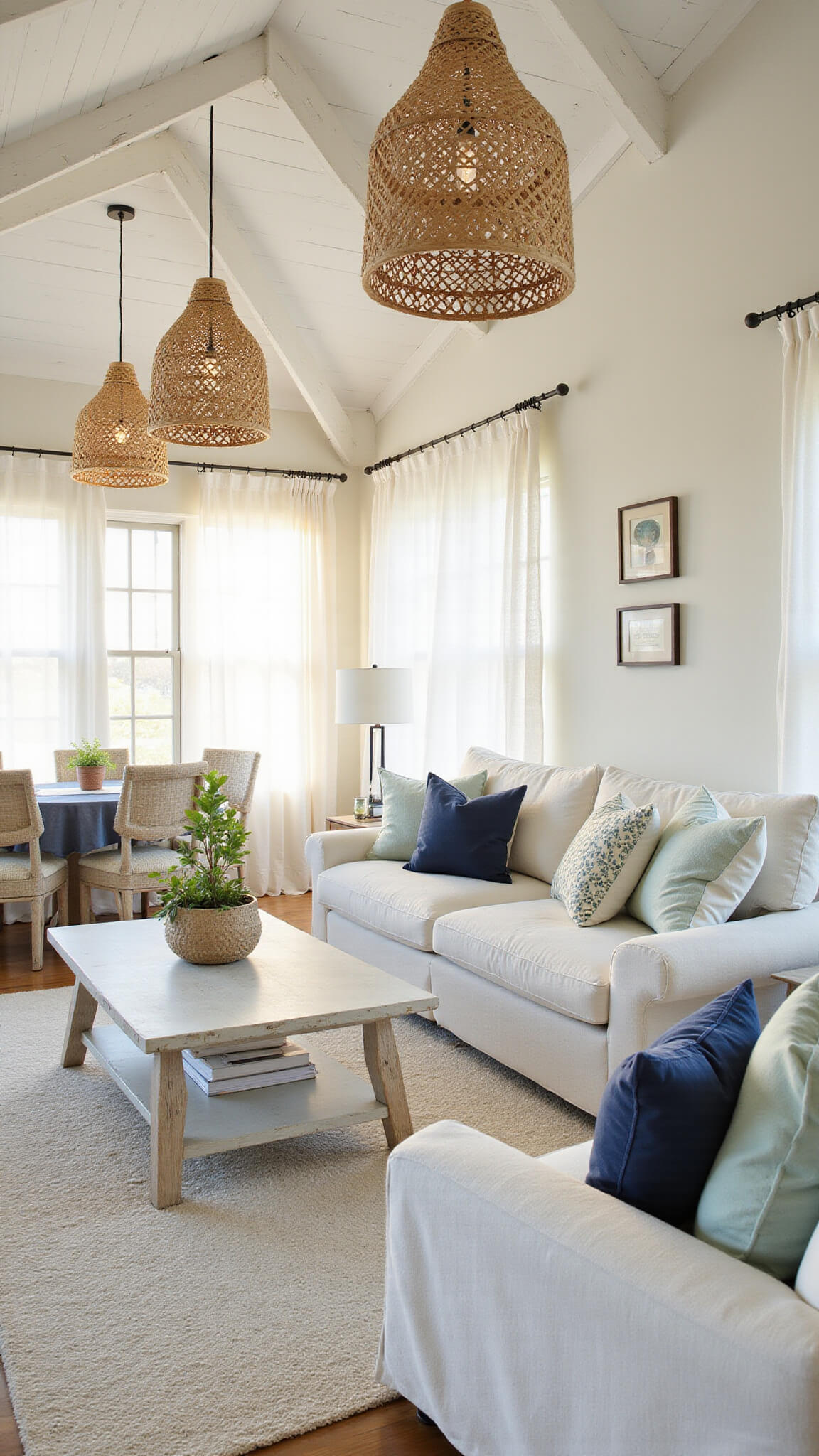 Open-concept coastal living room with white linen sectional, driftwood accents, rattan pendants, and golden hour light filtering through sheer curtains.