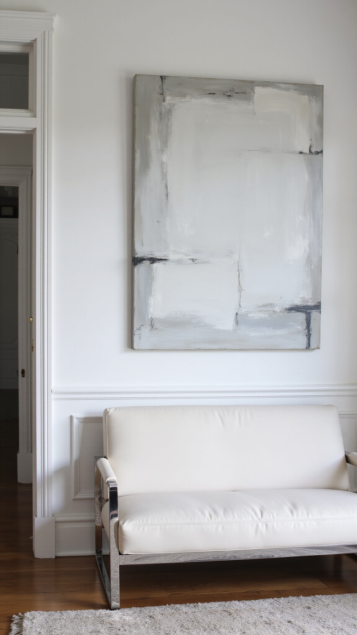 Minimalist monochrome gallery-style living room with abstract artwork, ivory sofa, chrome and glass accents, and dramatic high-key lighting.