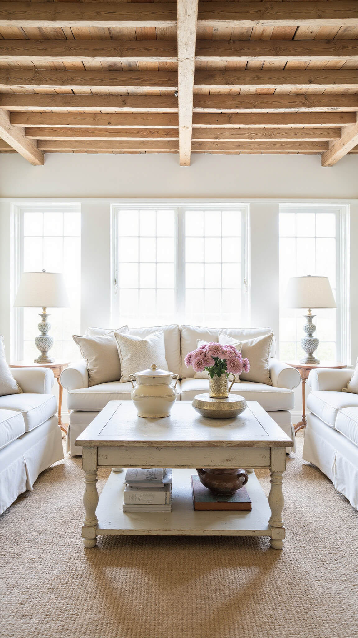 Farmhouse living room with white slipcovered sofas, distressed oak coffee table, vintage ceramics, and morning light streaming through vintage windows.