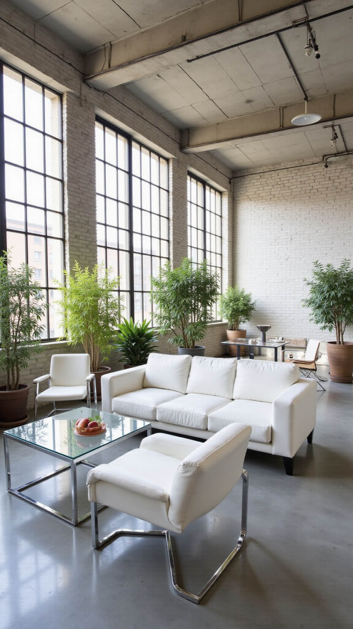 Double-height white loft with industrial-chic decor, featuring white brick walls, concrete floors, modern white leather furniture, large plants, and afternoon light streaming through steel-framed windows.