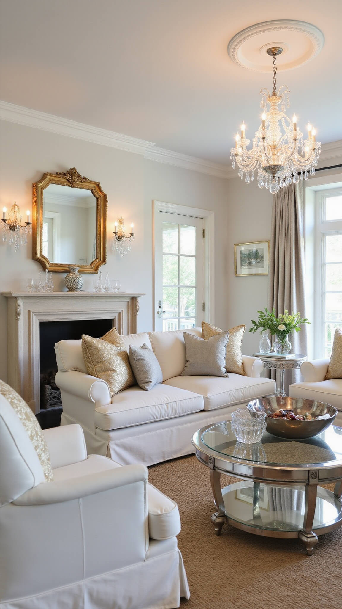 Formal living room with white velvet furniture, gold and silver accents, crystal chandelier, mirrored surfaces, and warm sparkling lighting.