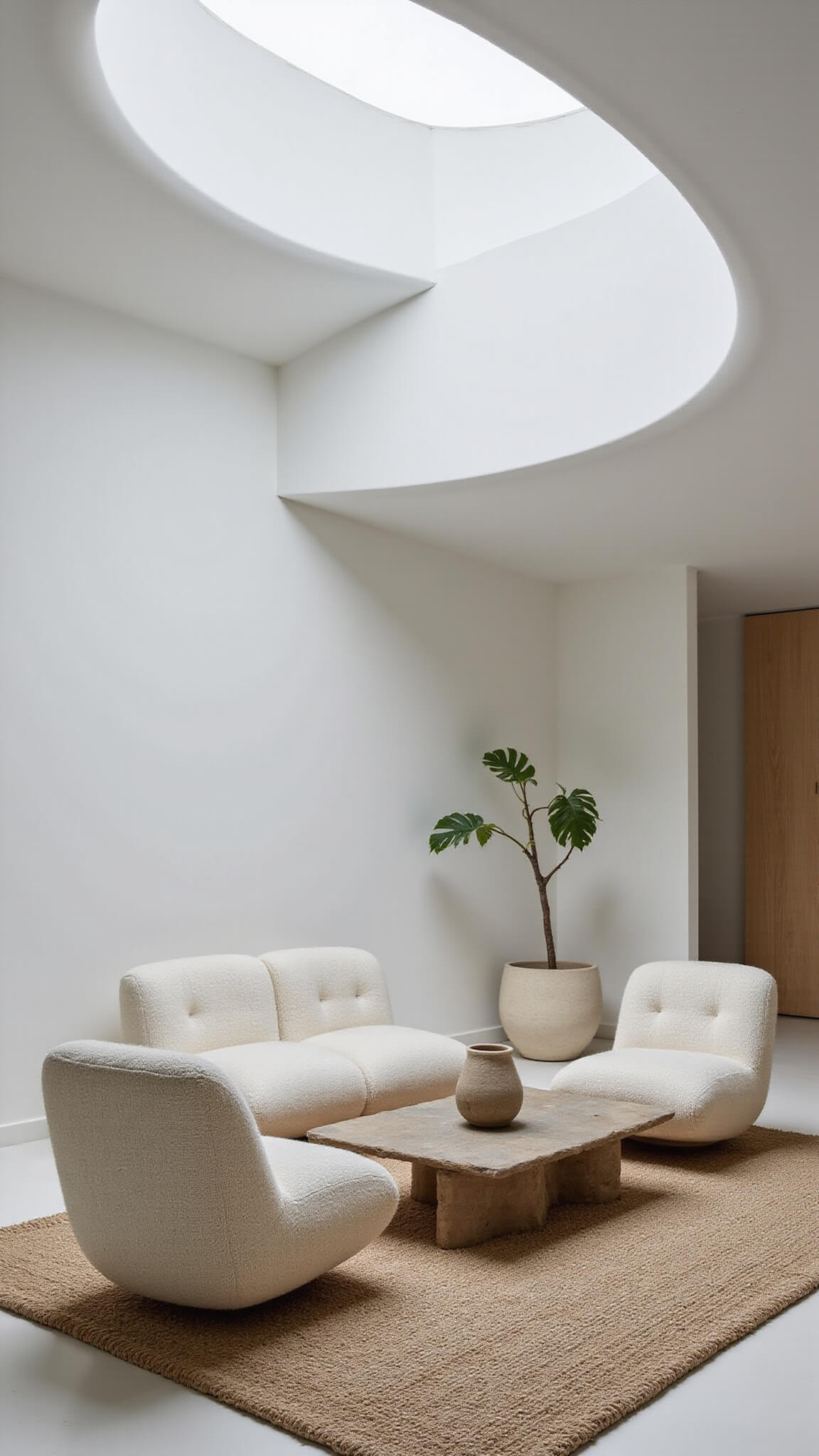 Serene organic modern living room with curved details, bouclé chairs, wool rugs, natural stone table, and soft midday light through skylights.