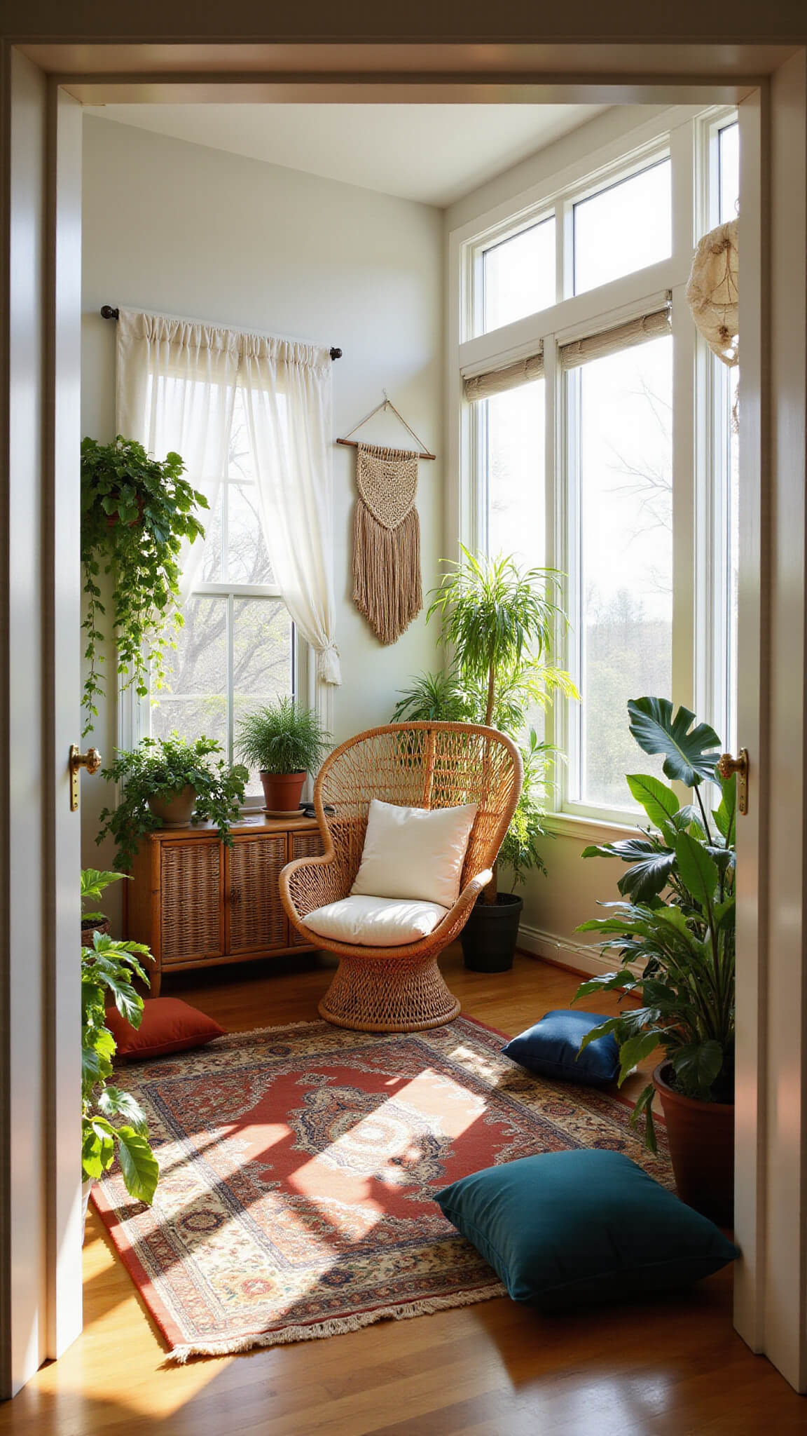 Modern boho sunroom with rattan peacock chair, lush greenery, and golden hour light filtering through sheer curtains.