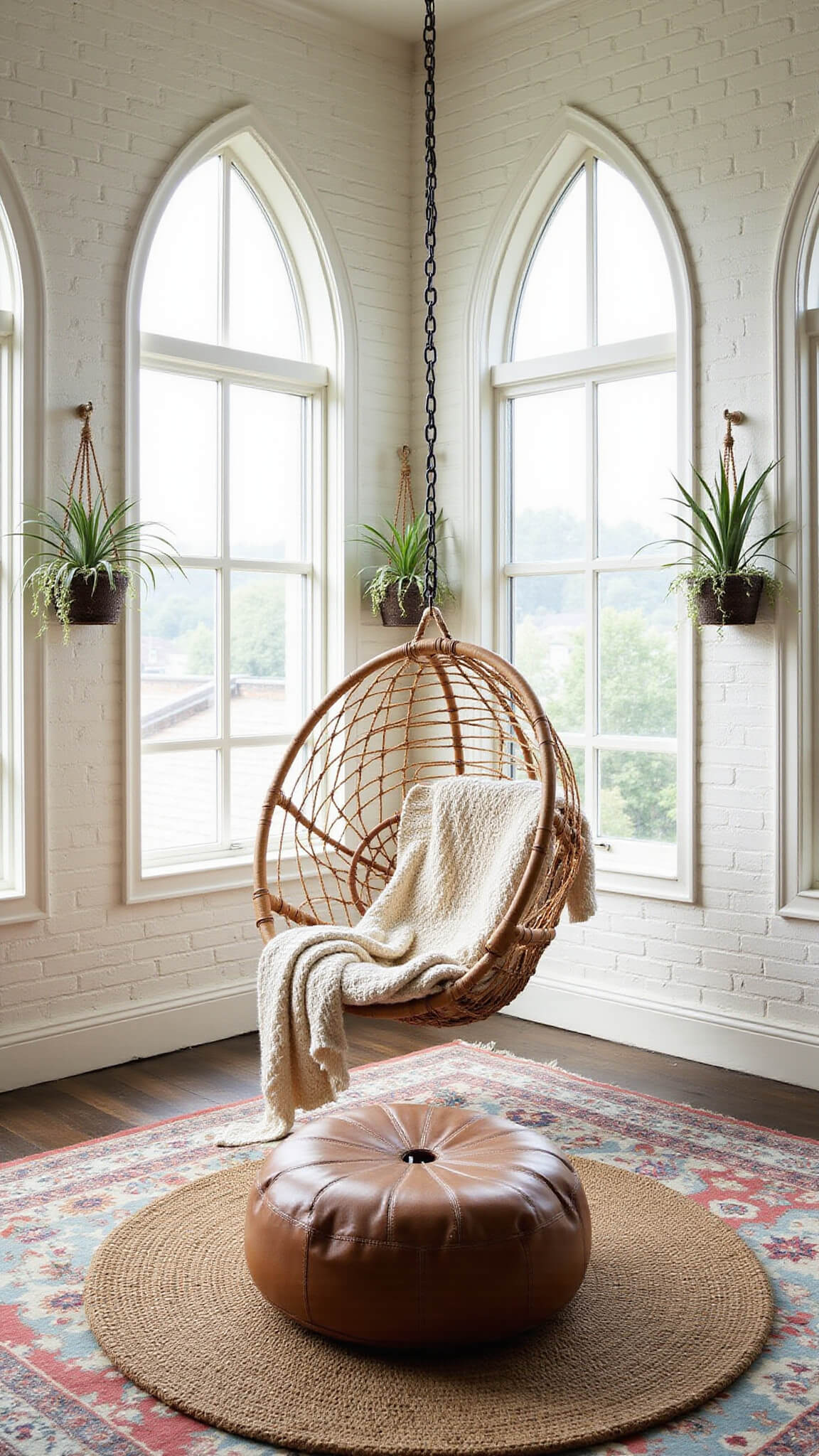 Double-height sunroom with arched windows, morning light streaming across whitewashed brick walls, centered rattan egg chair with ivory throw, hanging planters, leather pouf on layered rugs, viewed from low angle.