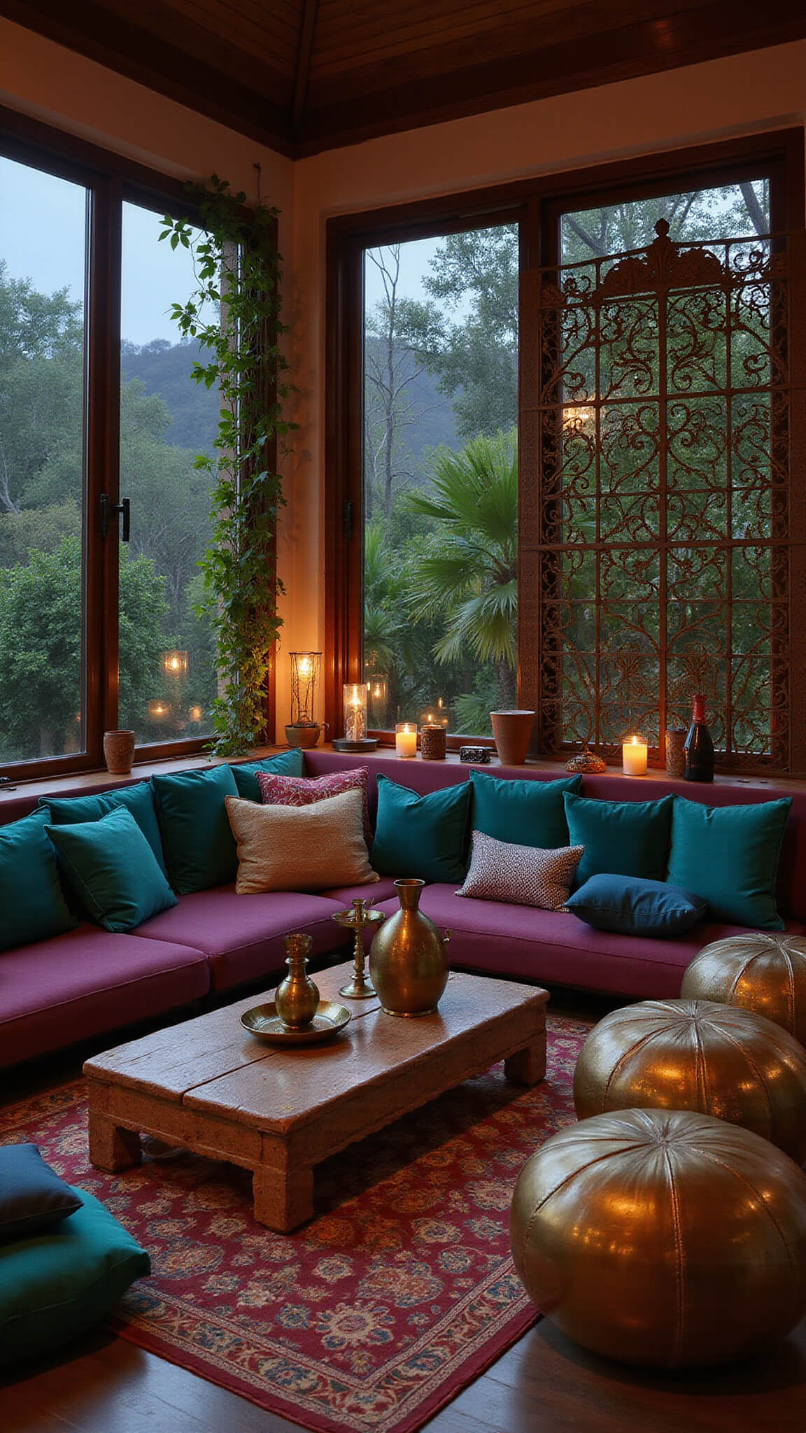 Moroccan-inspired sunroom lounge at dusk with jewel-toned floor seating, brass lanterns, metallic poufs, carved wood divider, and trailing plants.