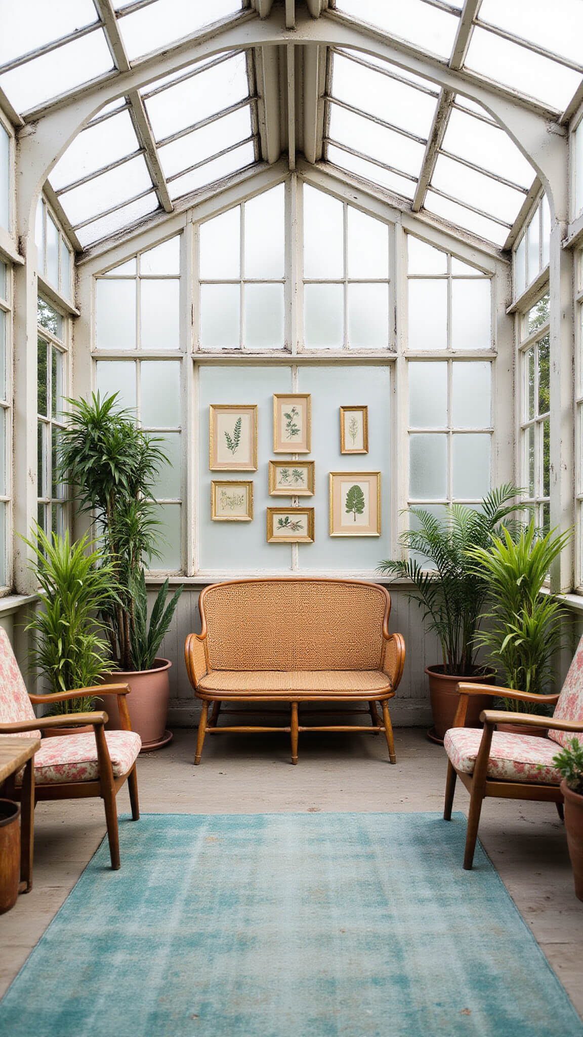 Vintage eclectic greenhouse with wicker settee, mid-century chairs, botanical print gallery wall, and lush plants in ceramic pots on a teal and rose rug.