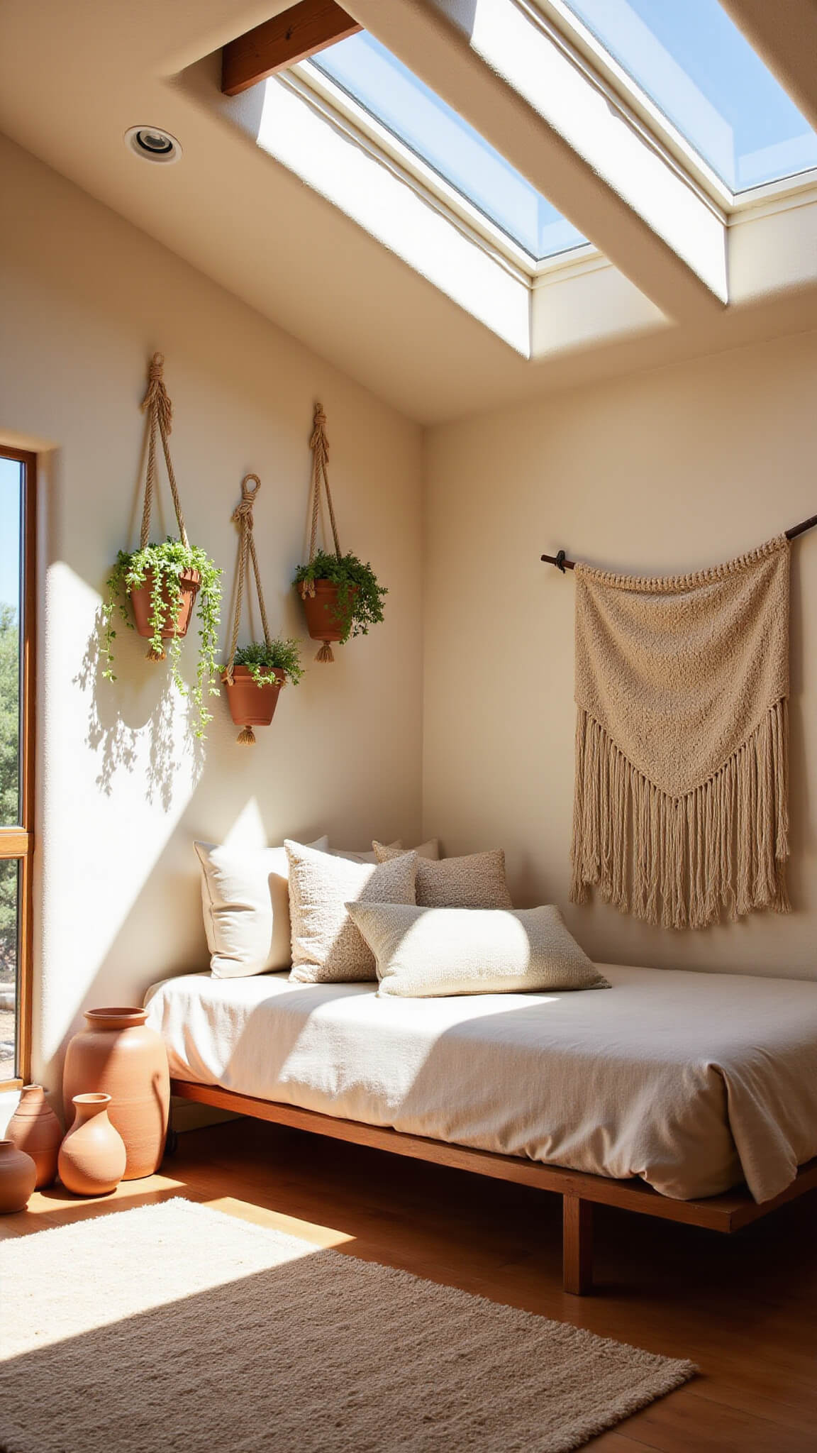 Southwest sunroom with platform daybed, clerestory windows casting geometric shadows, macramé plant hangers, desert-hued tapestry, and ceramic vessels in warm, arid light.