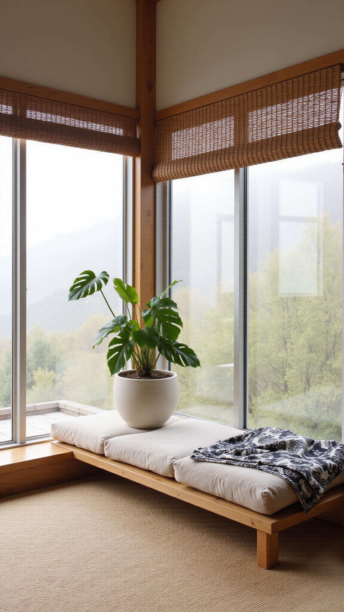 Minimalist sunroom with shoji screens, low platform seating, linen cushions, tribal textiles, and a monstera plant in soft morning light.