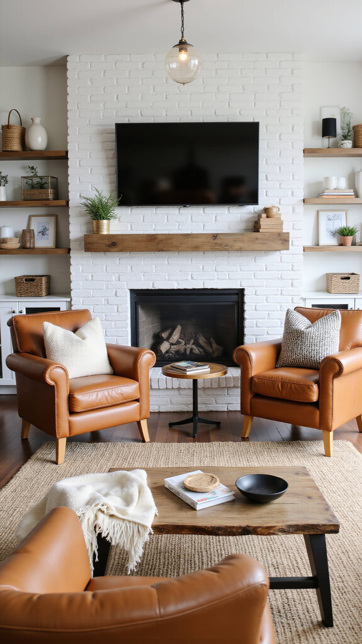 Modern rustic living room with white brick fireplace, mounted TV, camel leather chairs, raw edge wood coffee table, and textured decor in afternoon light.