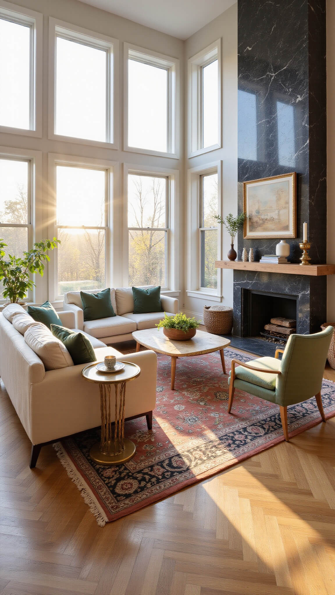 Contemporary living room with high ceilings and warm golden hour light, featuring cream bouclé sectional, sage velvet chairs, Moroccan rugs, and black marble fireplace with wooden mantel.