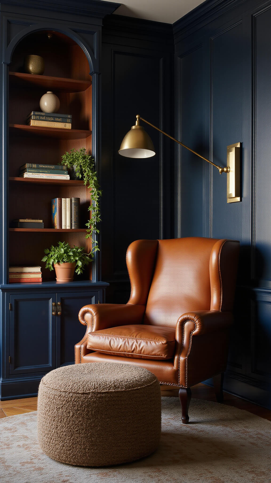 Luxury reading nook at dusk with navy paneled walls, cognac leather wingback chair, brass floor lamp, silk ottoman, and walnut bookshelves with vintage decor.