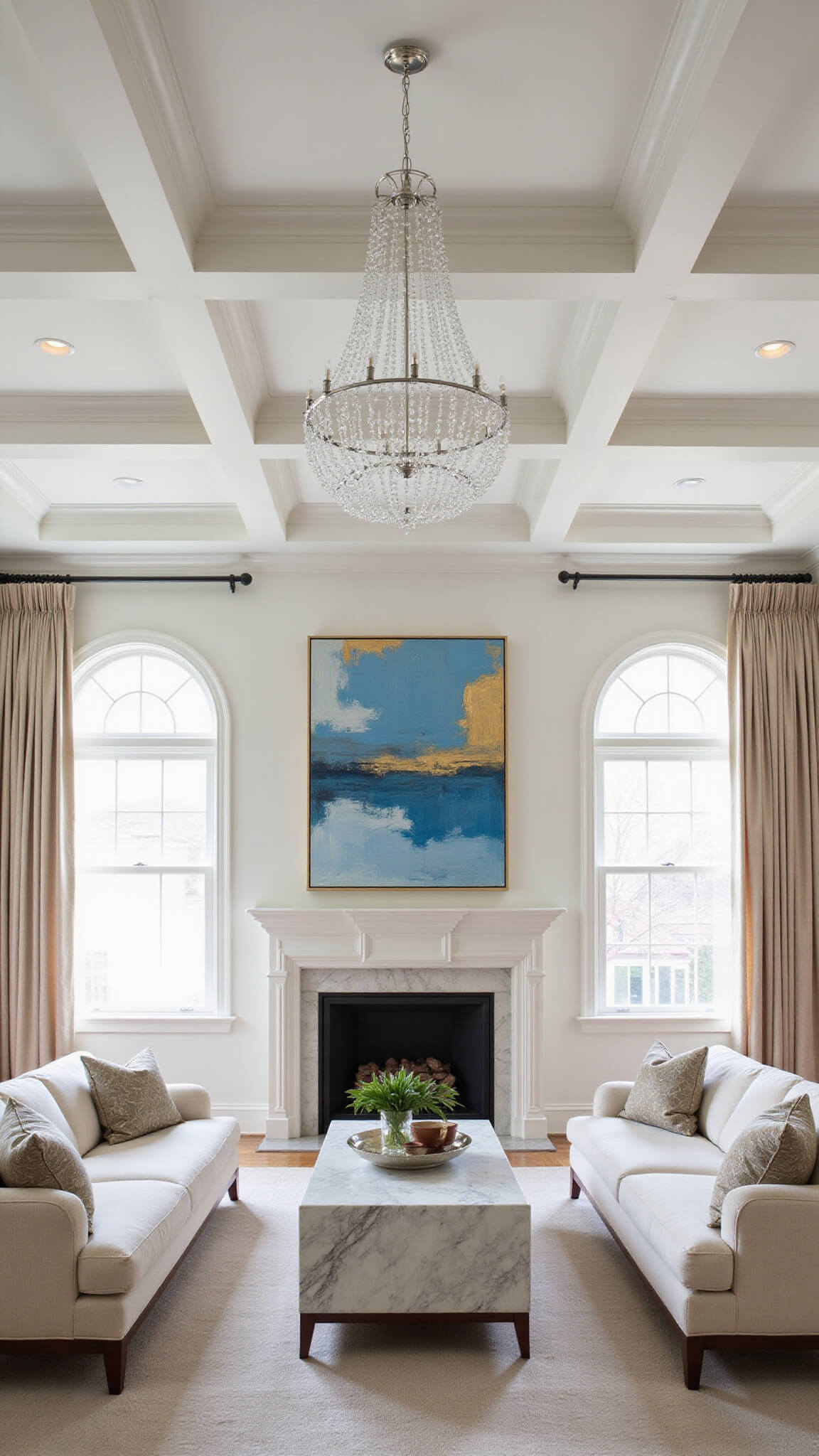 Symmetrical formal living room with coffered ceilings, marble fireplace, matching cream sofas, quartzite coffee table, abstract art, and crystal chandelier.