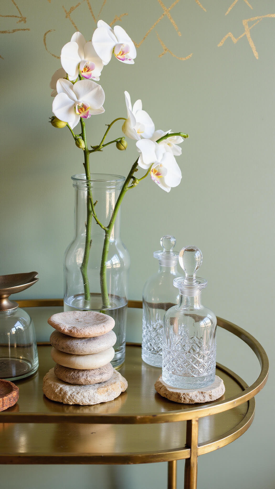 Close-up of vintage brass bar cart with crystal decanters, stone coasters, and orchids against sage green silk wallpaper with gold geometric pattern in afternoon light.