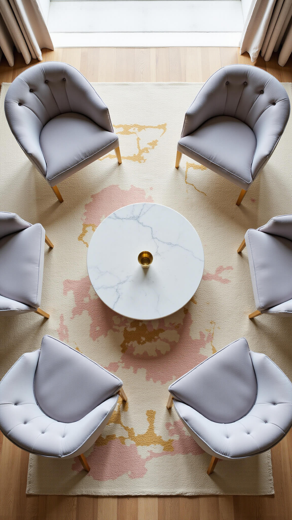 Bird’s-eye view of four pearl grey tufted chairs arranged in a circle around a brass and marble table on an abstract cream, blush, and gold rug, lit softly by overhead skylight.