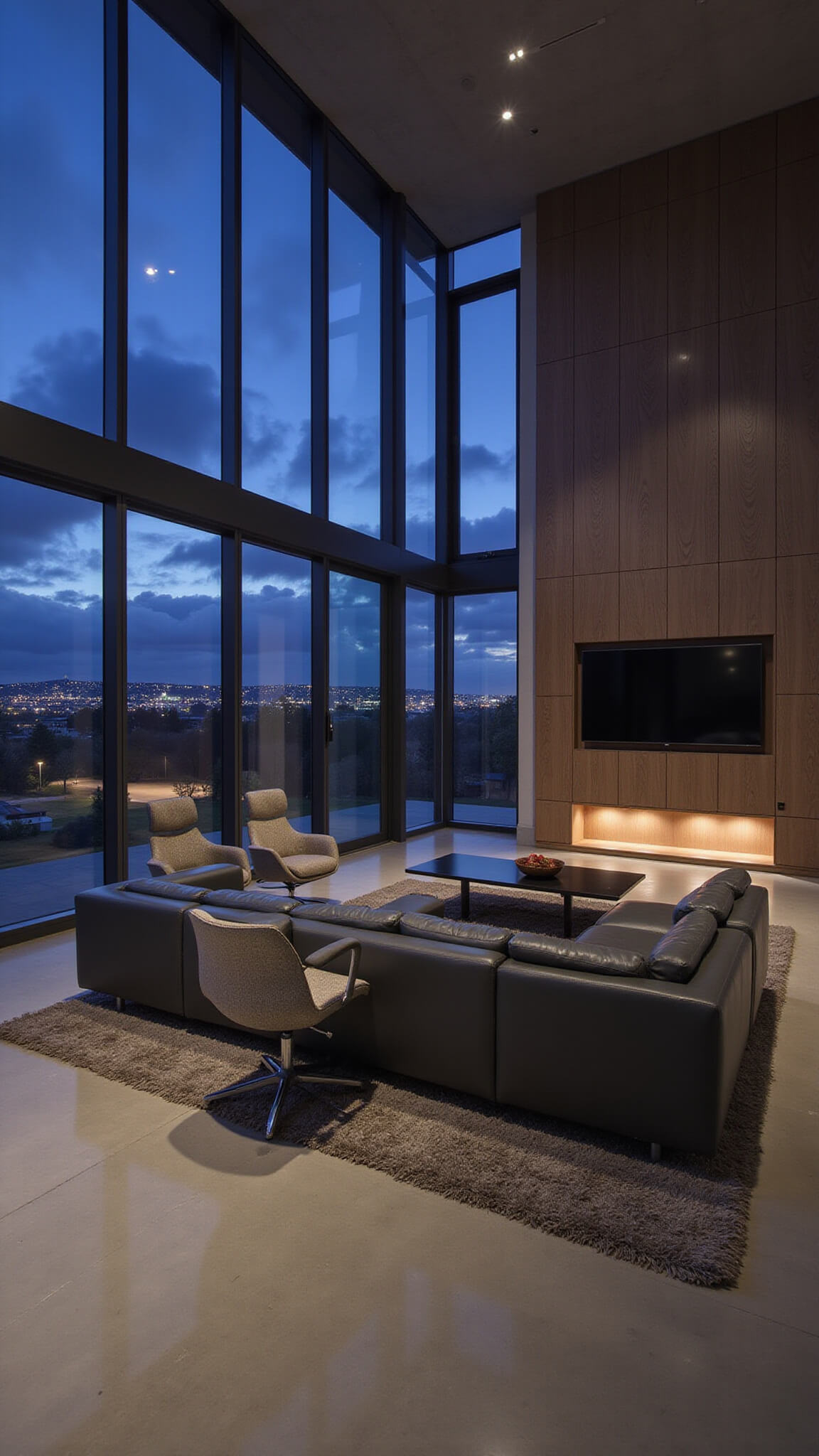 Twilight view of modern great room with steel-framed windows, charcoal leather sectional, swivel chairs, floating media wall, and polished concrete floors reflecting city lights.