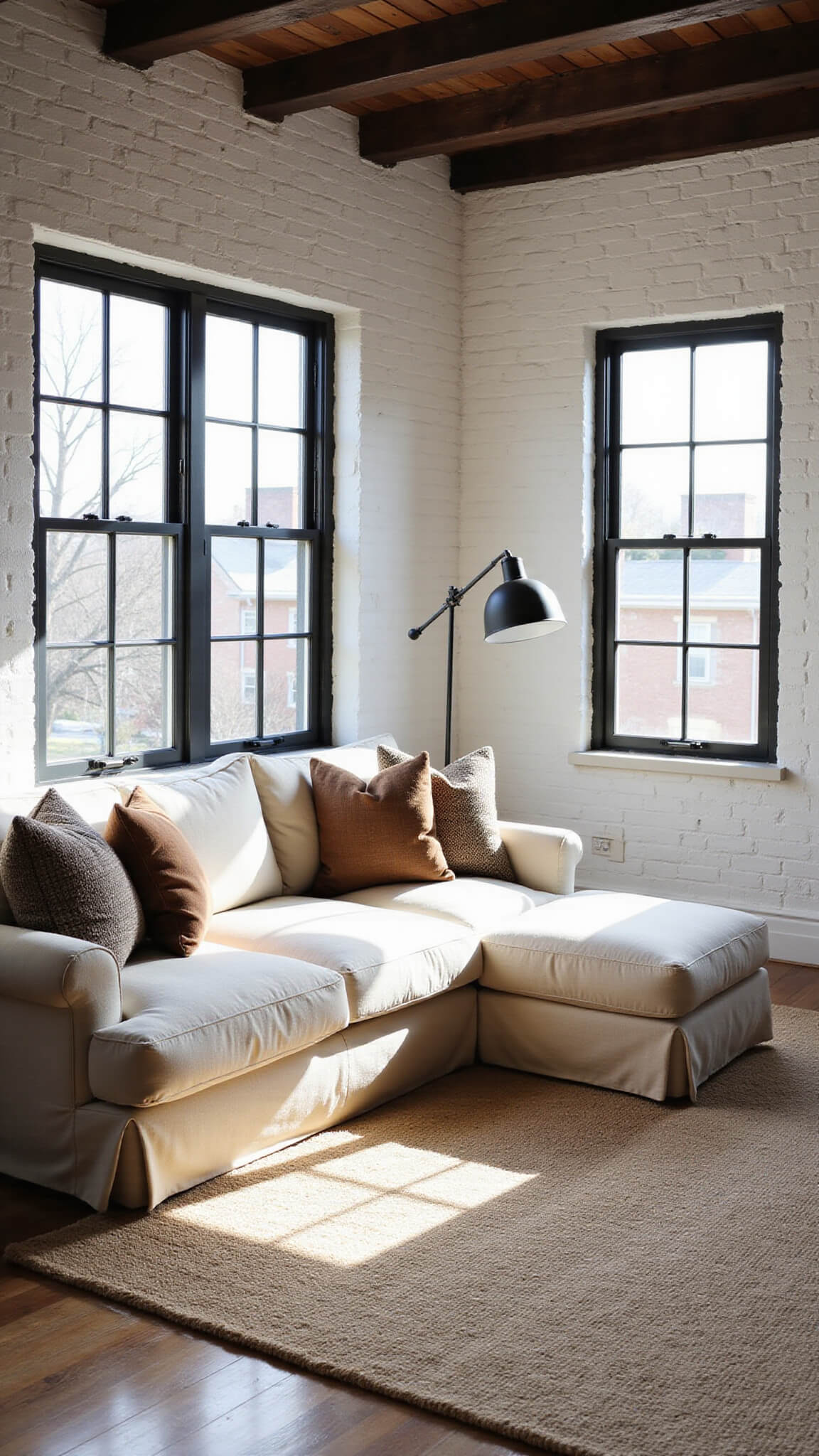 Transitional living room with morning light, white brick walls, dark ceiling beams, linen slip-covered sofa with earth-tone pillows, layered Turkish rug over seagrass, and black steel-framed windows casting shadows.