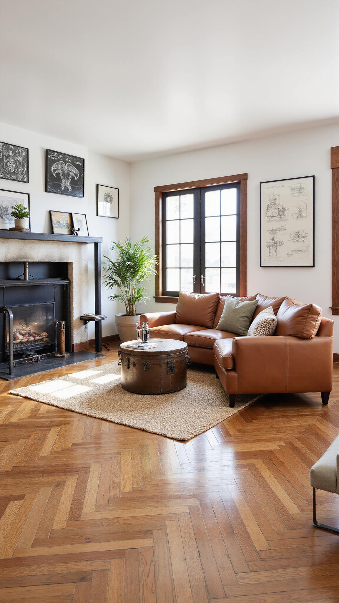 Bird's eye view of industrial farmhouse living room with leather sofa, vintage trunk coffee table, herringbone wood floors, industrial shelving, and gallery wall in black frames.