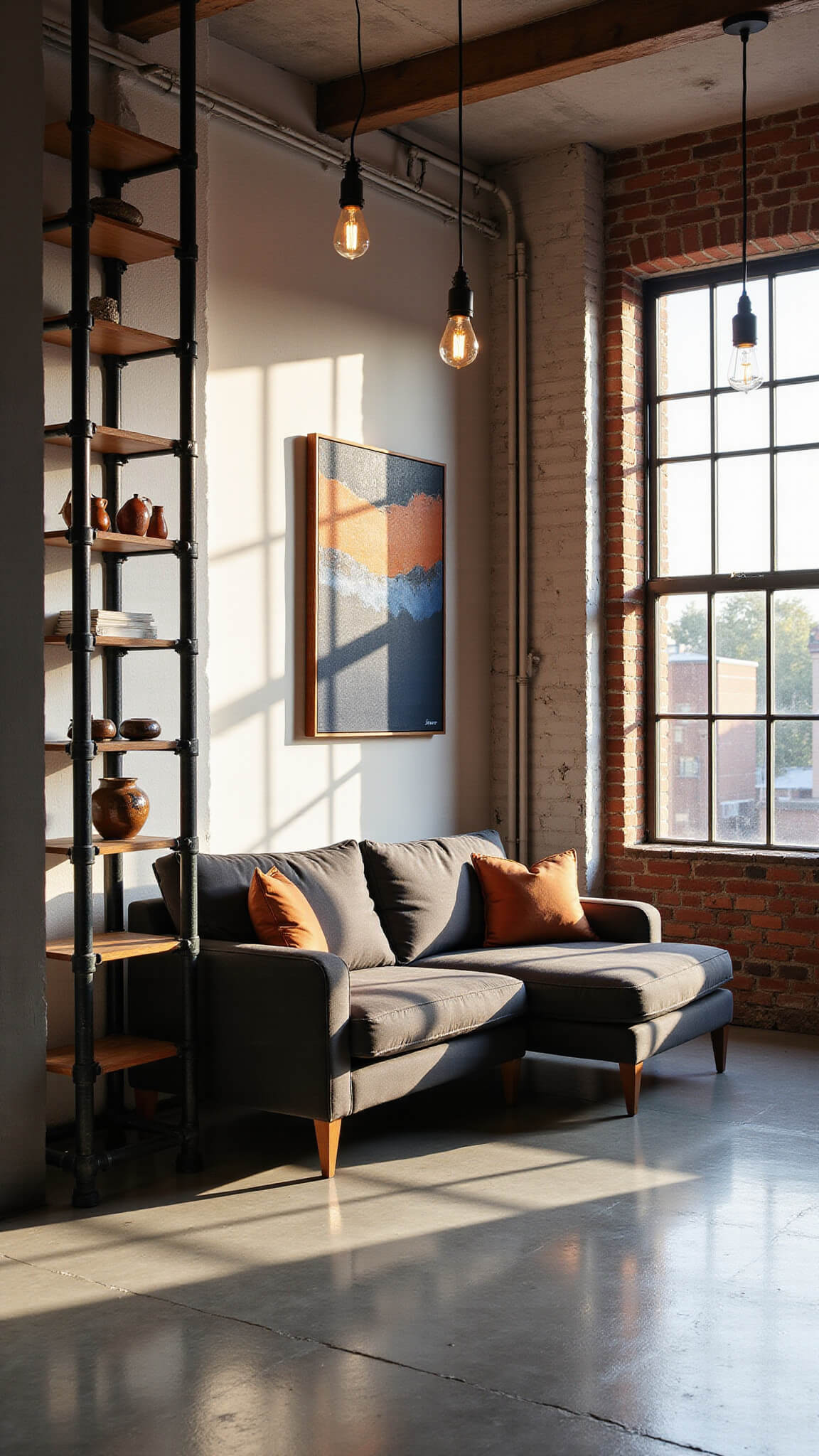 Industrial loft living room with charcoal modular sofa, white brick walls, large factory windows, and warm golden hour lighting.