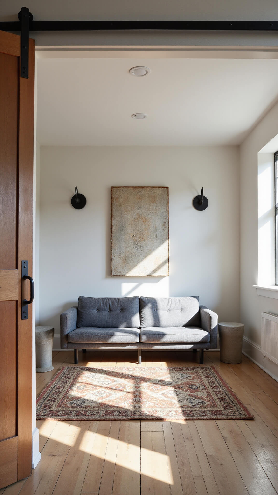 Minimalist industrial farmhouse living room with gray linen sofa, concrete side tables, and vintage kilim rug, lit by late afternoon sun through sliding barn door.