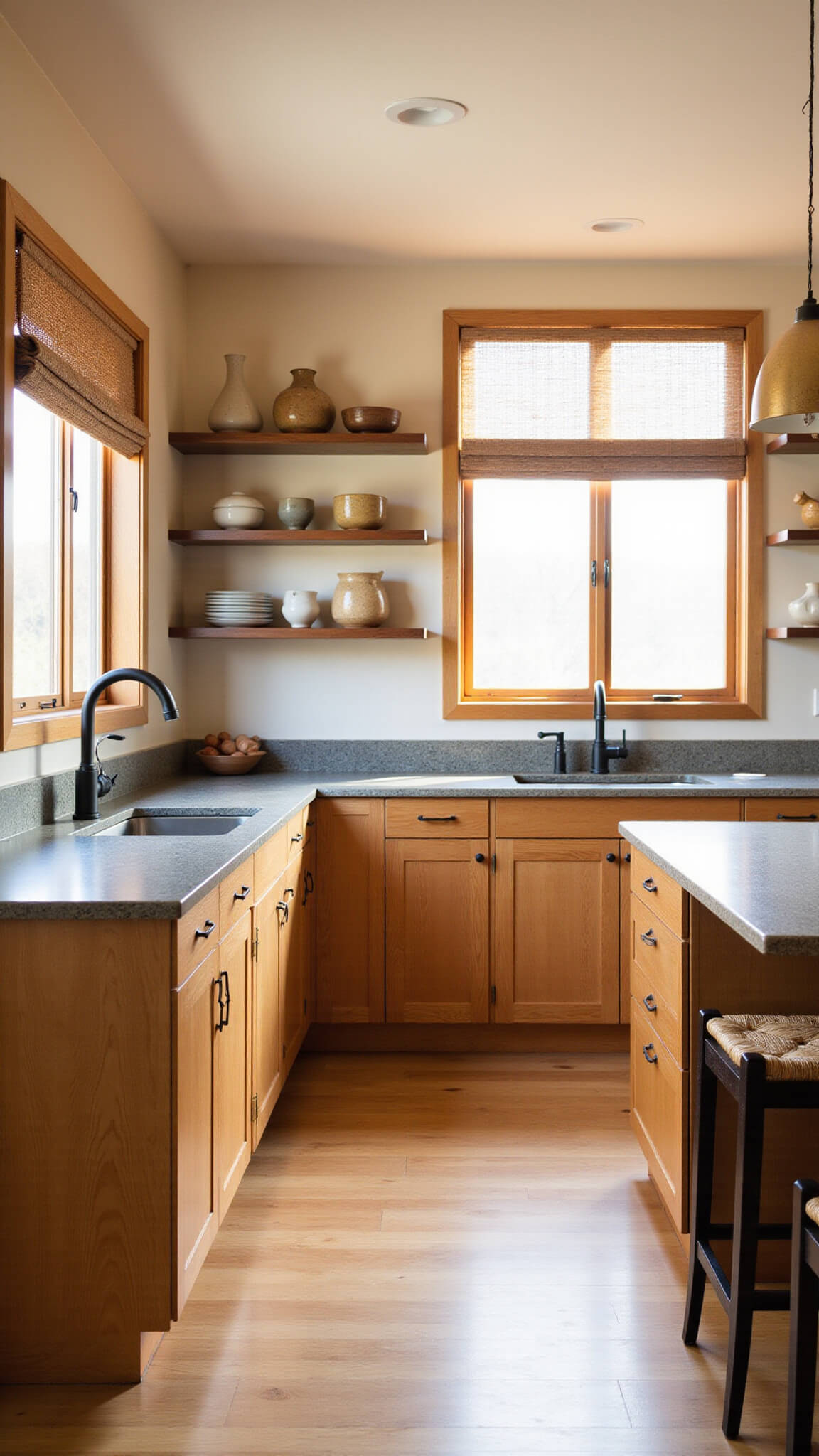 Japandi kitchen with warm oak cabinets, granite countertops, ceramic decor, and golden hour light streaming through window over farmhouse sink.