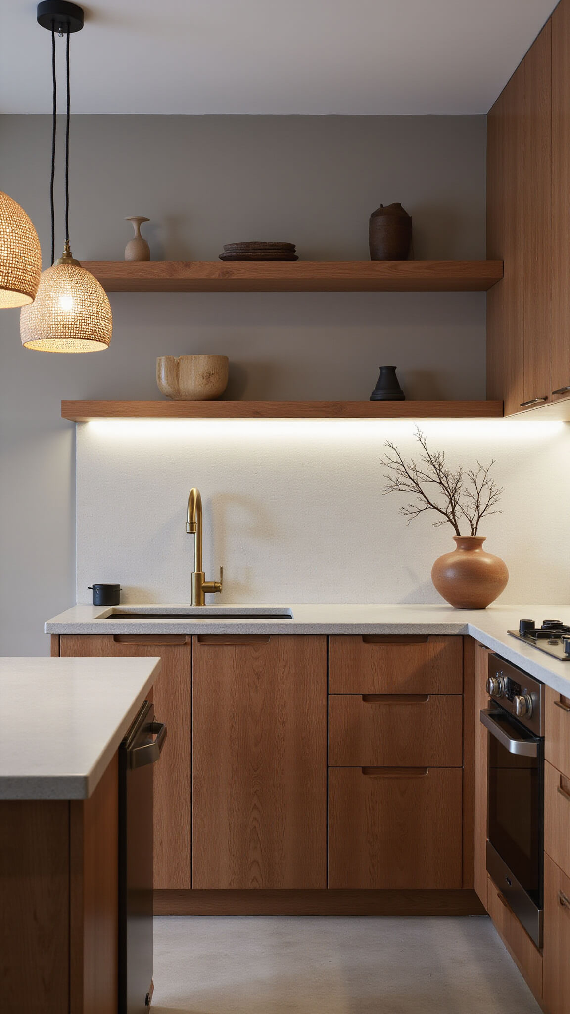 Japandi-style 10x12ft kitchen with walnut cabinets, white oak shelves, and concrete countertops at blue hour.