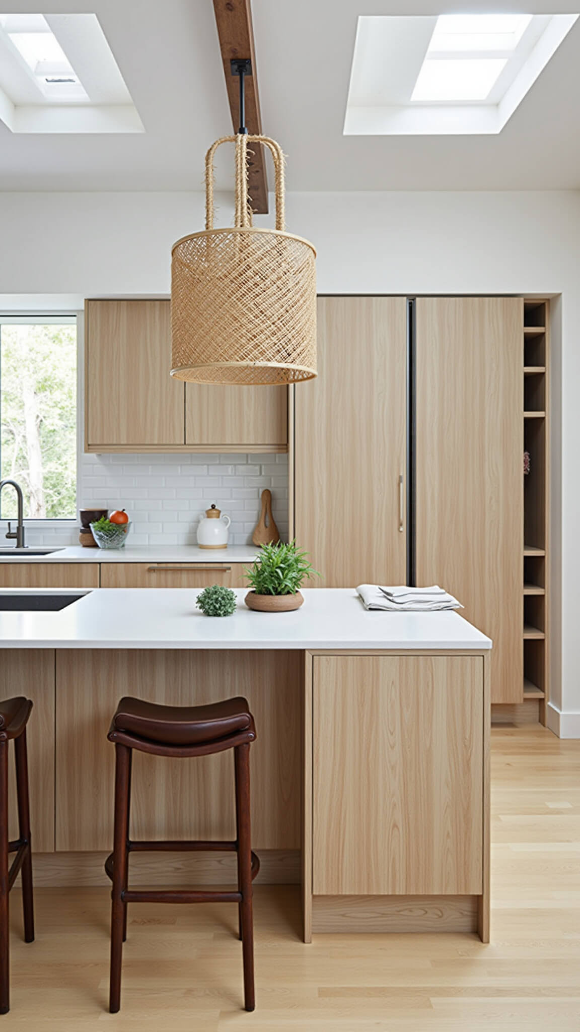 Overhead view of Japandi kitchen with large bleached oak island, soapstone counters, white oak cabinets, shoji-style pantry panels, pendant lights, and barstools in natural midday light.