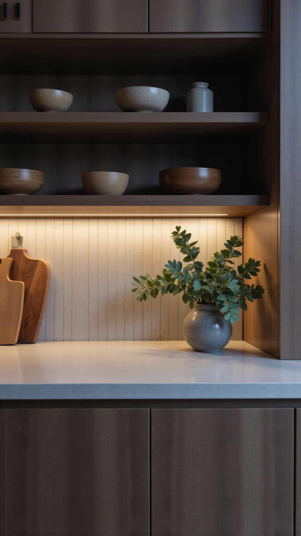 Macro shot of Japandi kitchen with concrete counters, dove gray tile backsplash, under-cabinet lighting, dark oak cabinets, open shelves with wooden boards and ceramics, and eucalyptus in stone vase.