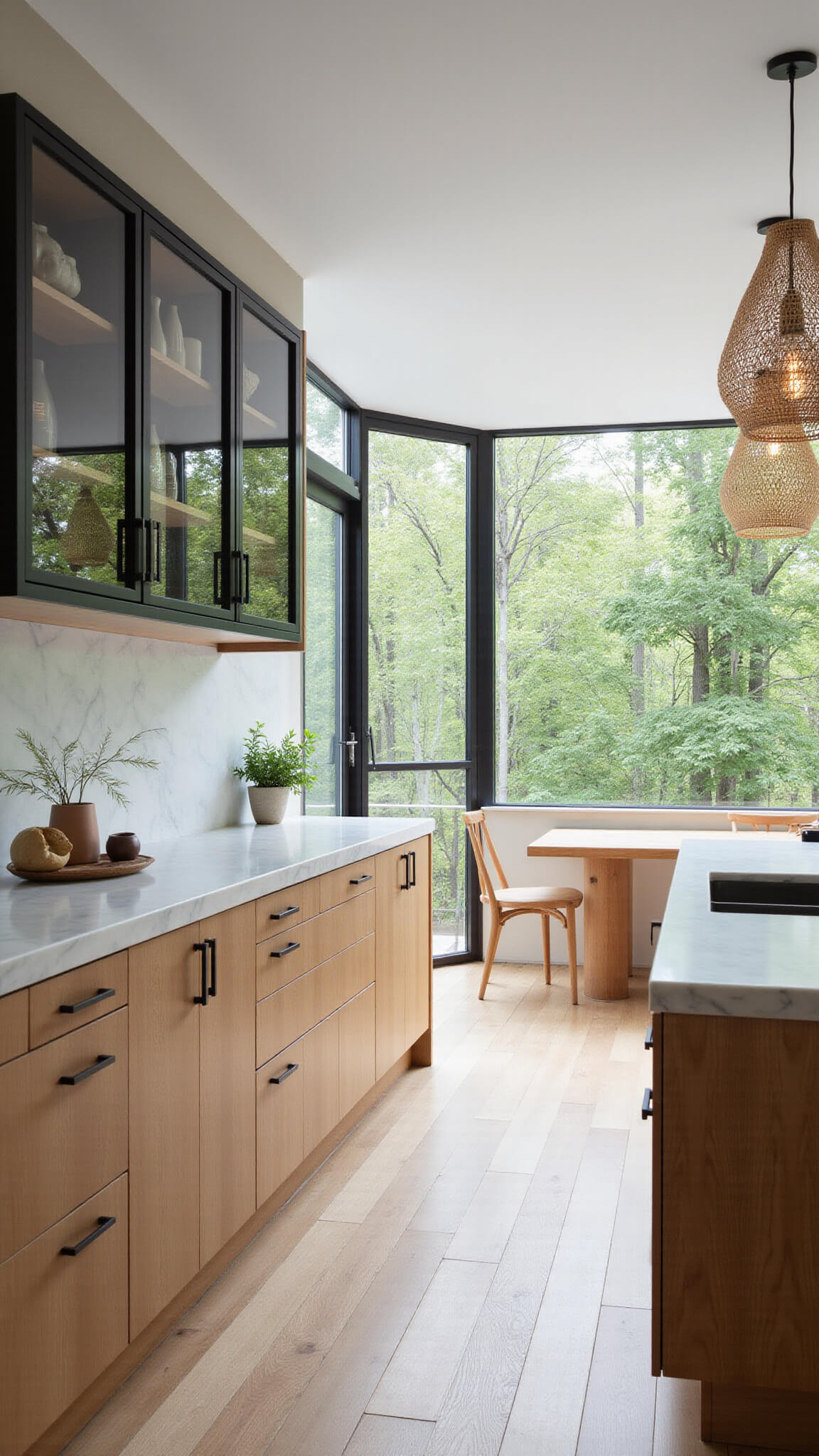 Japandi kitchen with rift-sawn oak cabinetry, marble surfaces, and forest view through floor-to-ceiling windows.