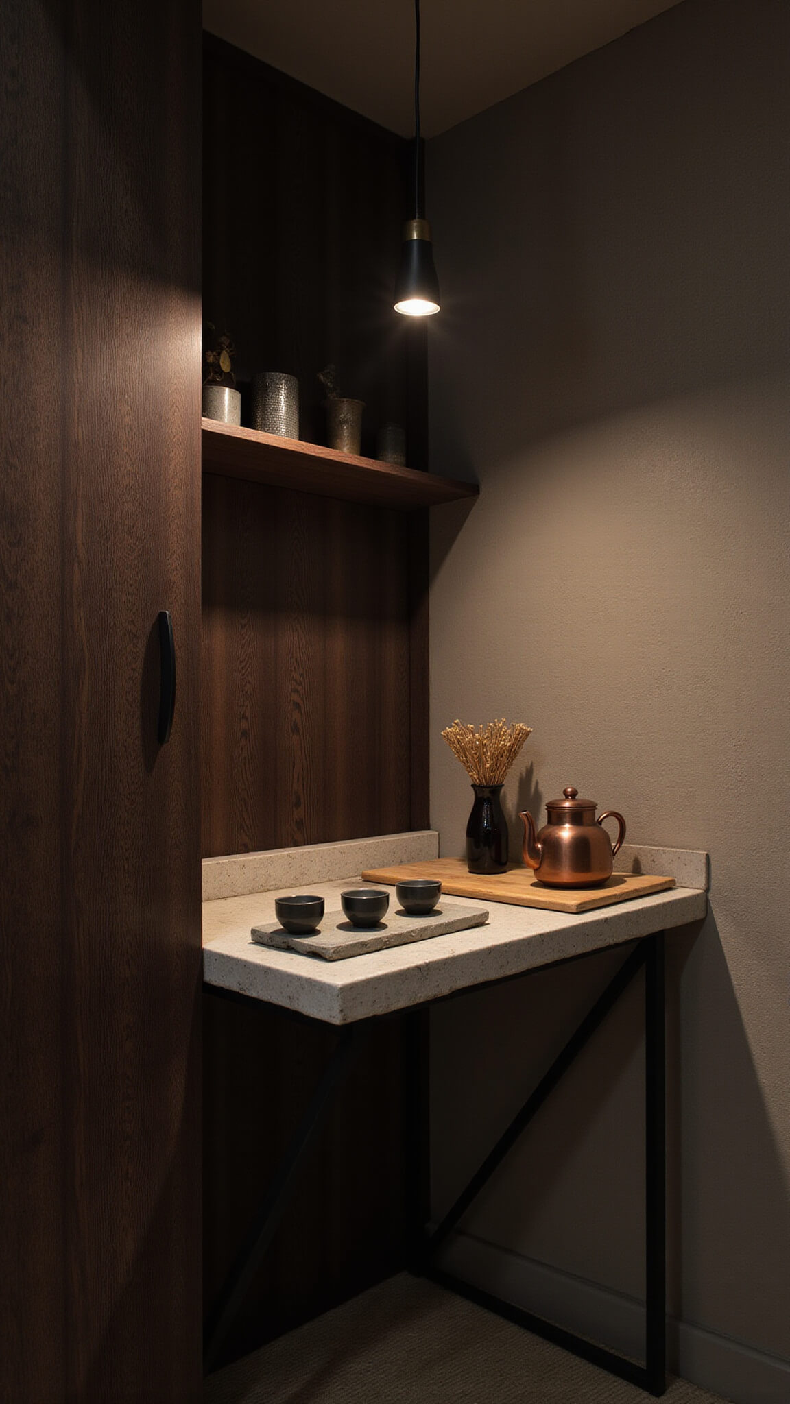 Japandi tea station at twilight with charred wood cabinetry, stone counter, ceramic tea set, copper kettle, and moody lighting highlighting minimalist ritual design.