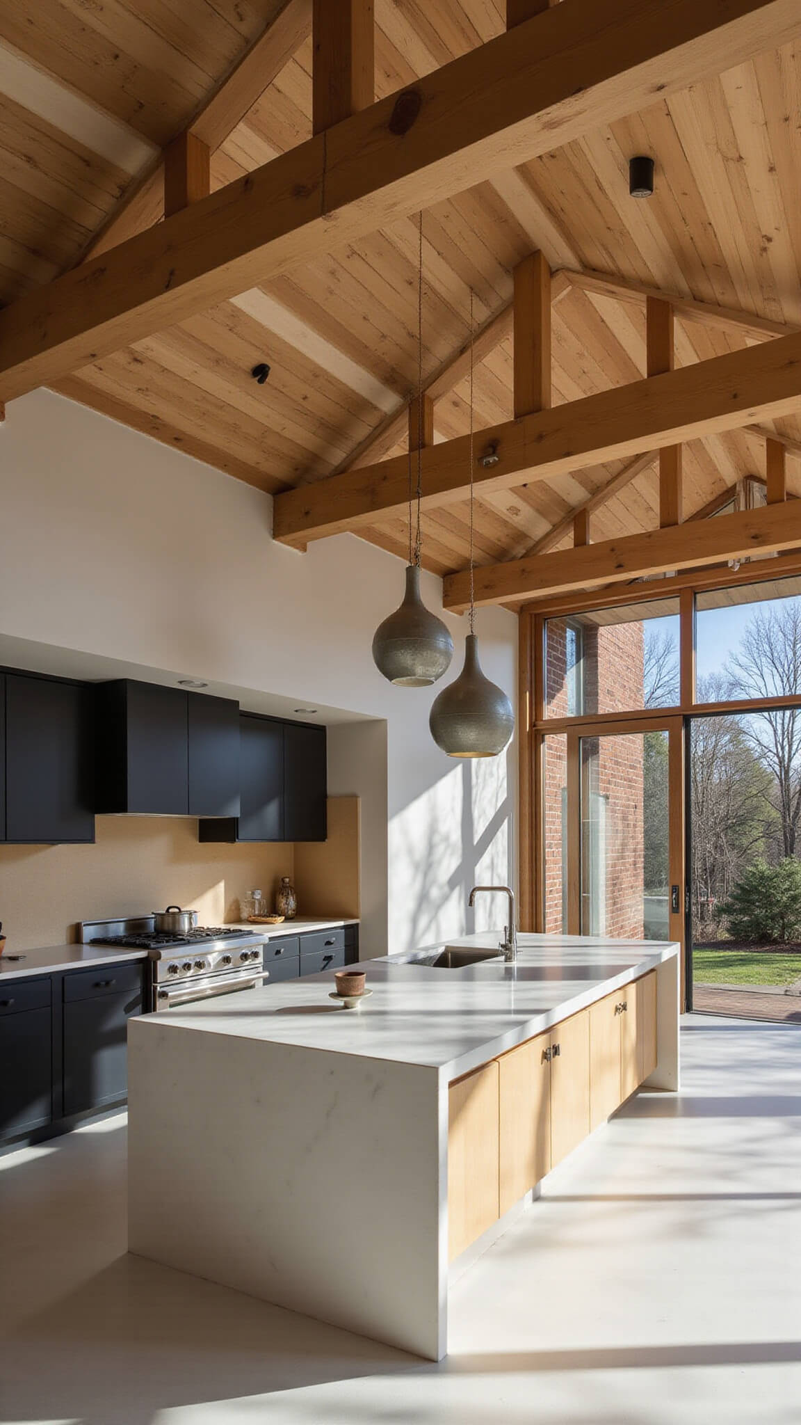 Japandi kitchen with double-height ceilings, exposed wooden beams, two-tone cabinetry, and a waterfall quartz island, bathed in afternoon light with dramatic shadows and sliding doors opening to a zen garden.