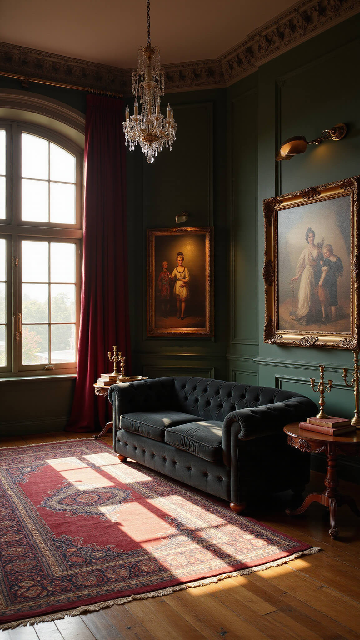 Victorian drawing room with emerald walls, black Chesterfield sofa, crystal chandelier, and golden hour light casting shadows on herringbone floor through burgundy velvet curtains.