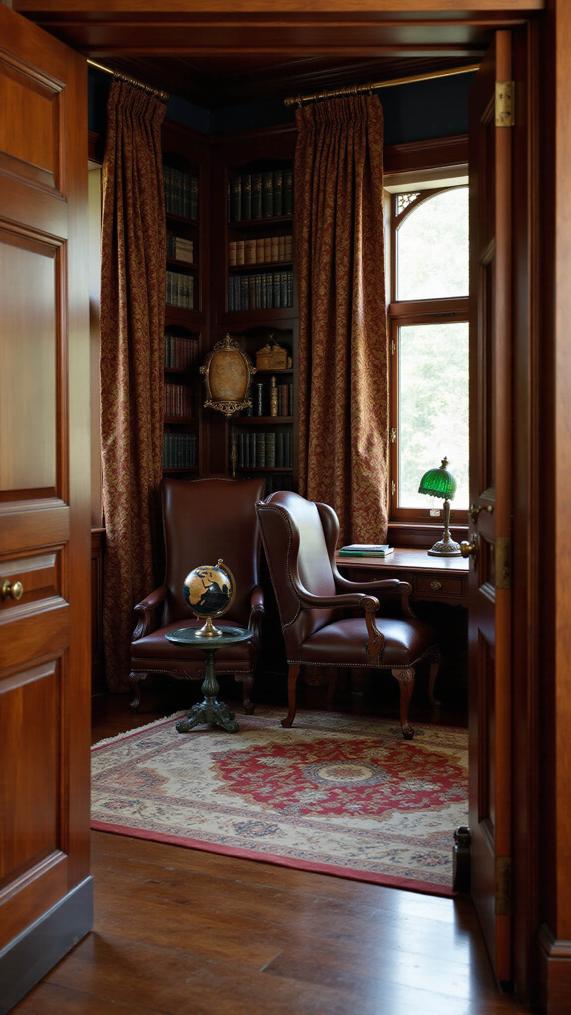 Gothic Victorian study with dark walnut bookshelves, navy walls, leather wingback chair, antique globe, and green banker's lamp on wooden desk.