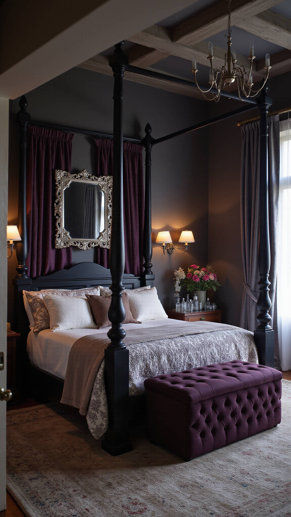 Low-angle view of a grand Victorian master bedroom with an ebony four-poster bed, smoky charcoal walls, exposed beam ceiling, deep purple silk drapes, and ornate silver accents in dusk lighting.