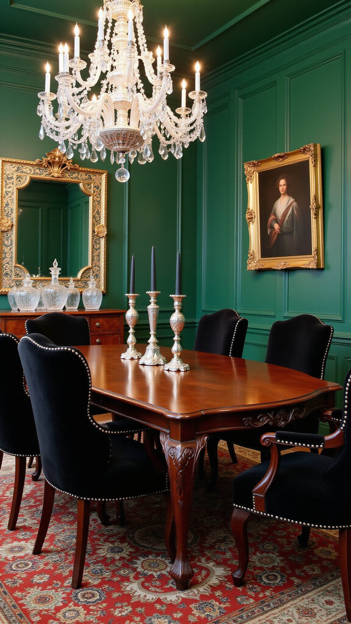 Victorian-style emerald dining room with crystal chandelier, mahogany table, black velvet chairs, silver candelabras, and damask wallpaper, lit by candlelight.