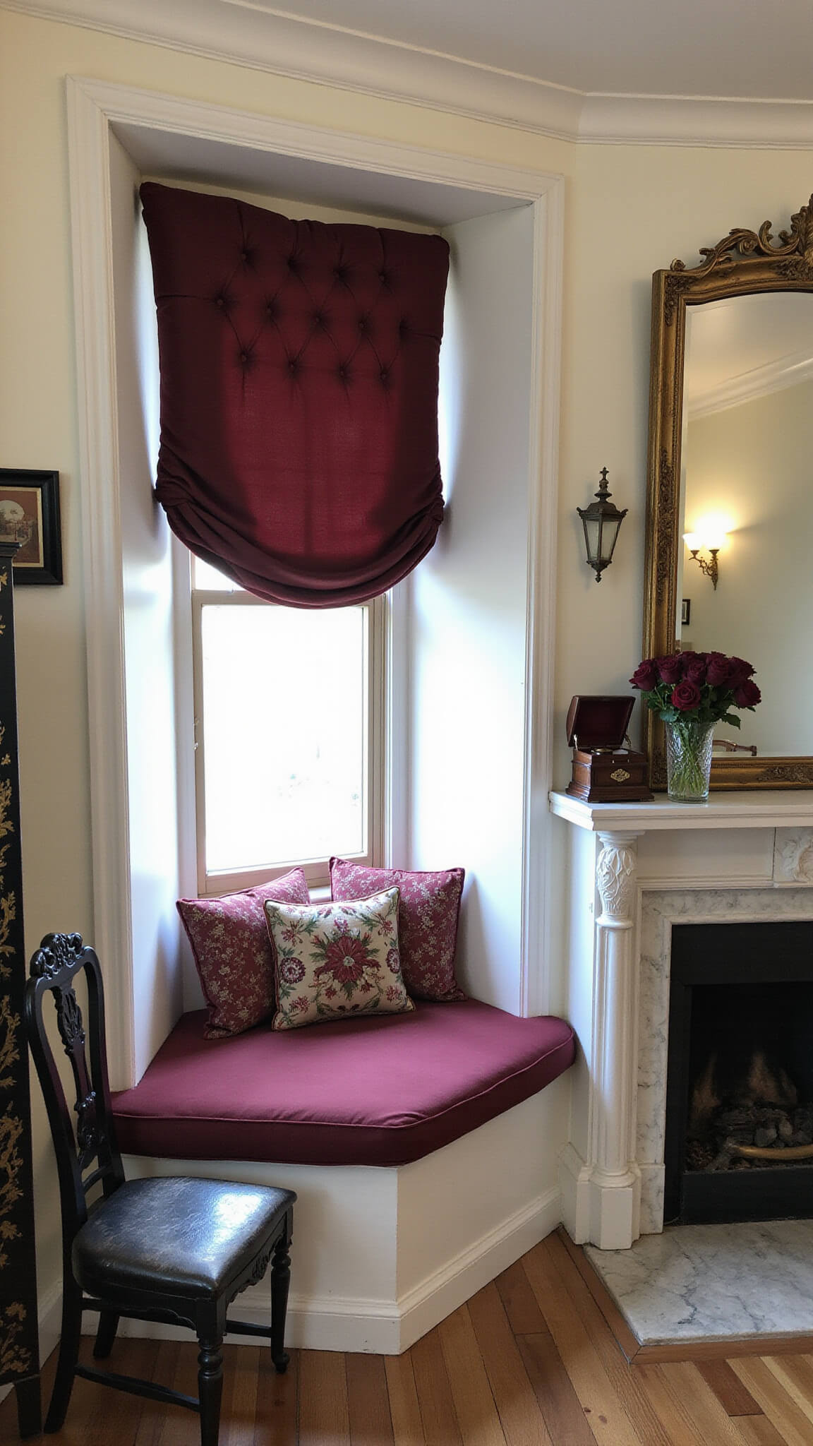 Victorian parlor bay window alcove with burgundy tufted window seat, lace pillows, marble fireplace beneath gilt mirror, and warm glow from natural light and fire.