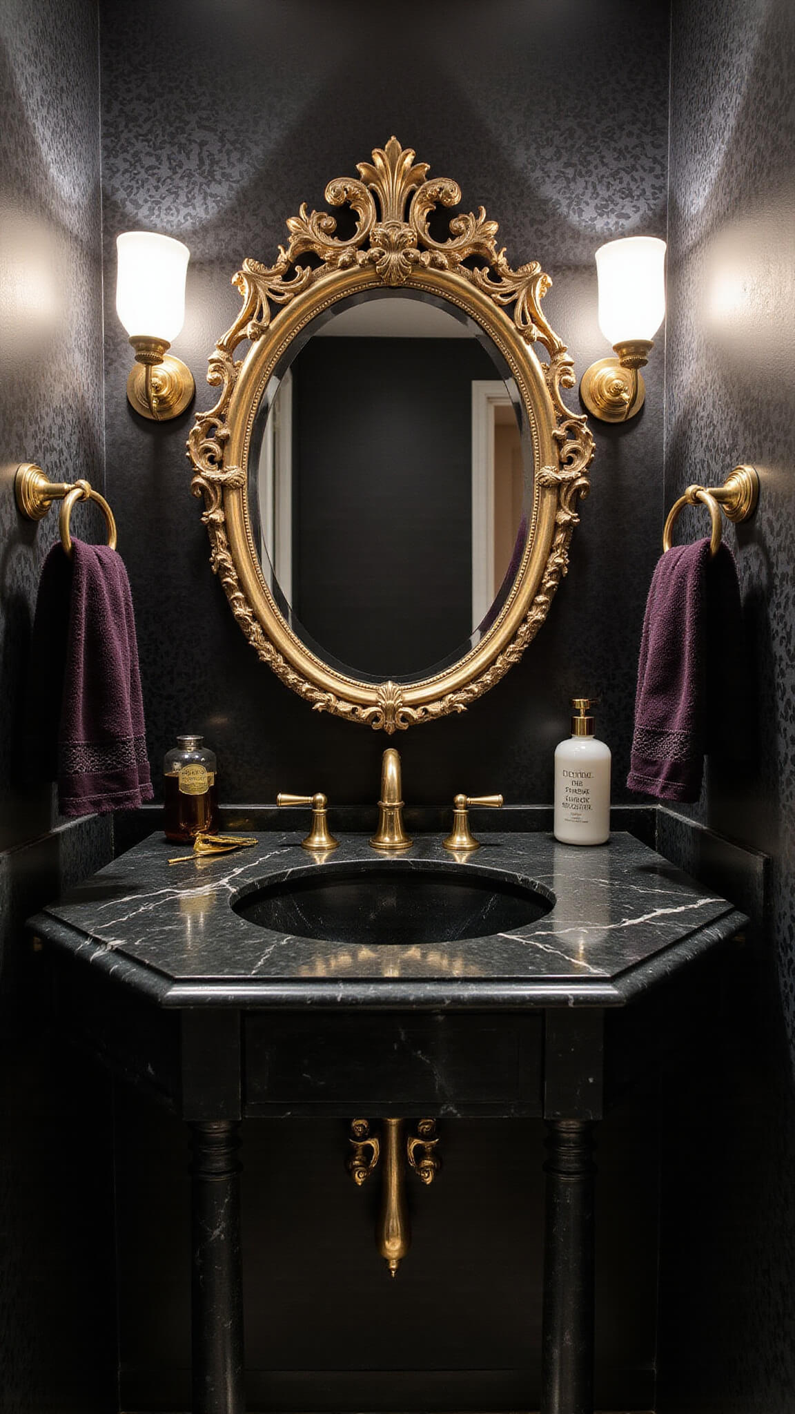 Gothic powder room with black floral wallpaper, ornate bronze-framed oval mirror, black marble vanity with brass fixtures, crystal sconces casting moody shadows, and Victorian accessories reflected in the mirror.