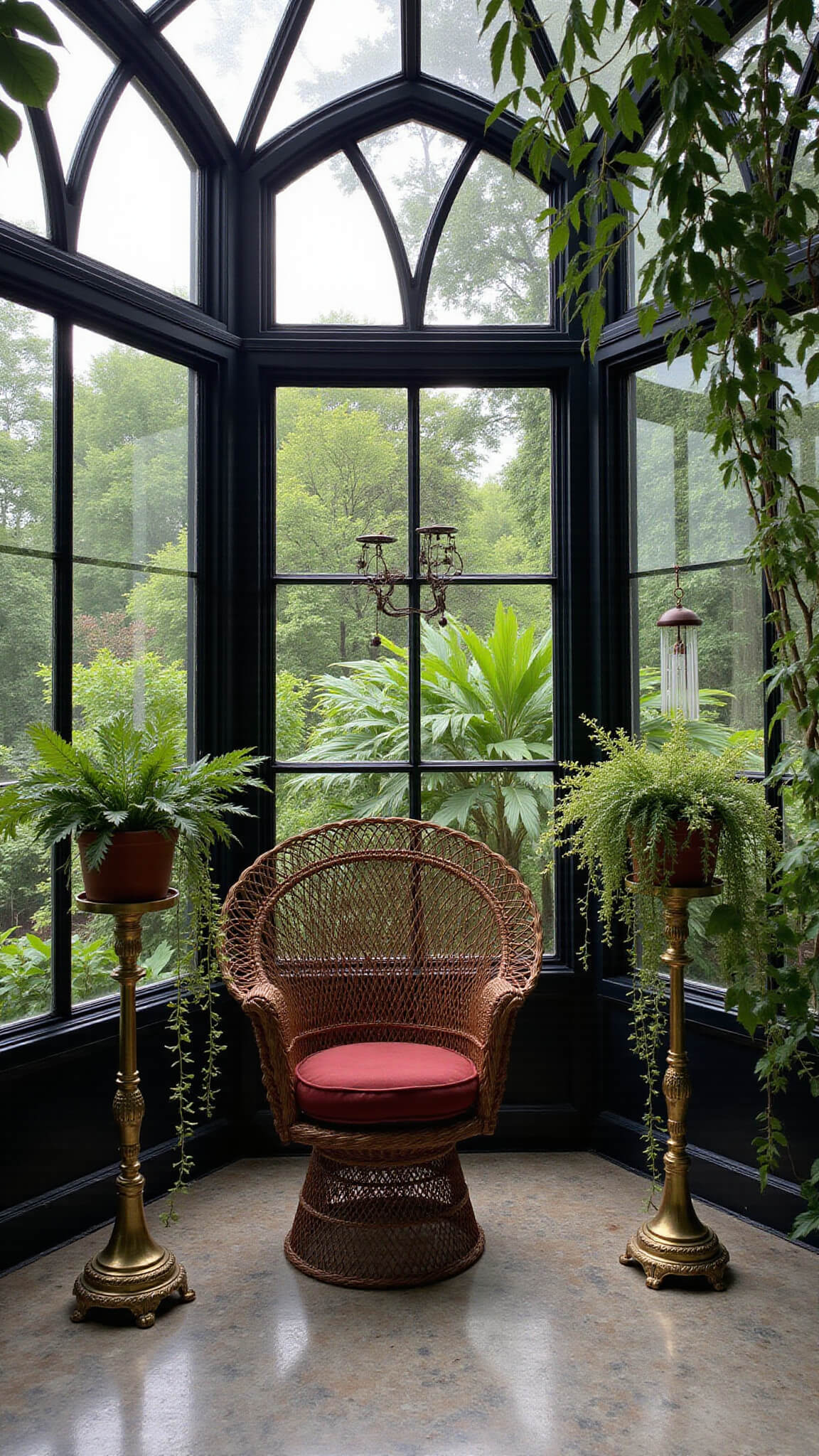 Victorian-style sunroom with black metal frame, lush palm foliage, vintage wicker peacock chair, brass plant stands, black and white marble floor, gothic arch windows, and crystal wind chimes in dramatic backlighting.