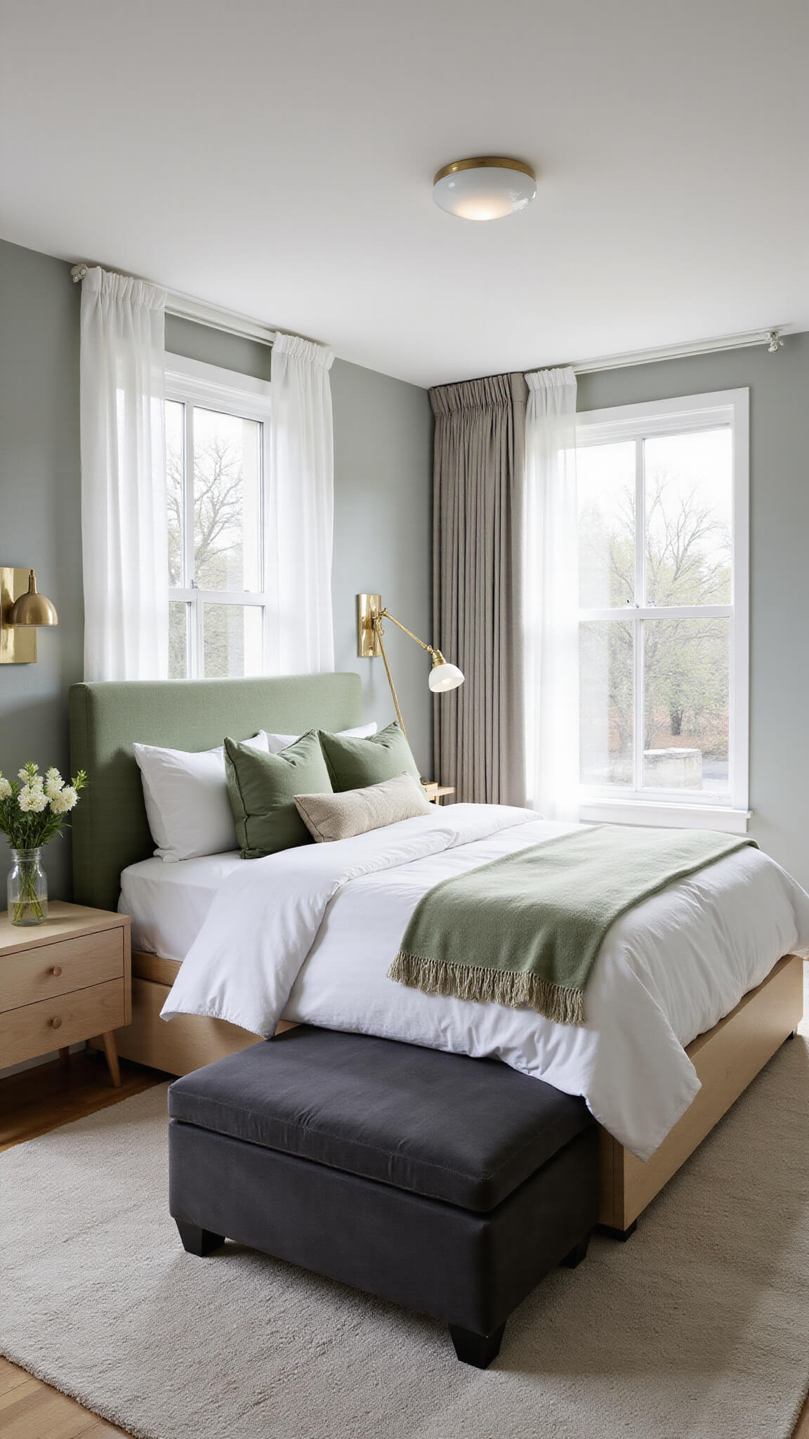 Contemporary 12x14ft studio bedroom with queen platform bed, fold-down wall desk, and storage ottoman in natural morning light.