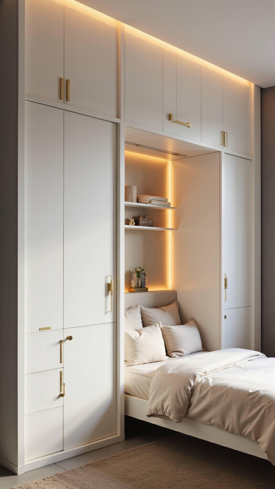 Modern 10x12ft room with a sleek white Murphy bed system, shown closed with brass hardware, warm LED lighting, and integrated shelving.