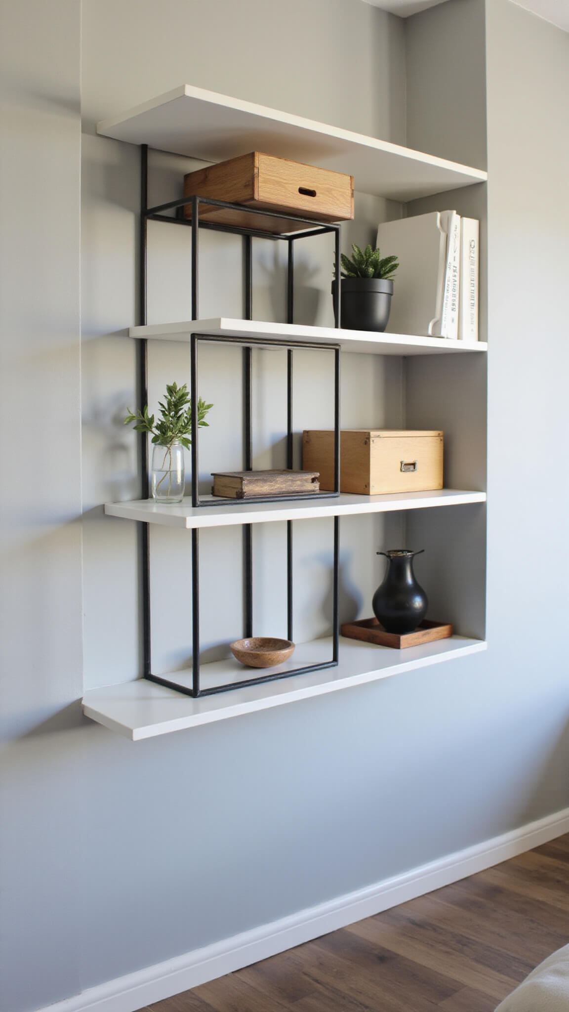 Vertical storage in 11x13ft bedroom with floor-to-ceiling white floating shelves on gray wall, featuring blonde wood, black metal, and acrylic accents, shot from low angle in natural and spot lighting.