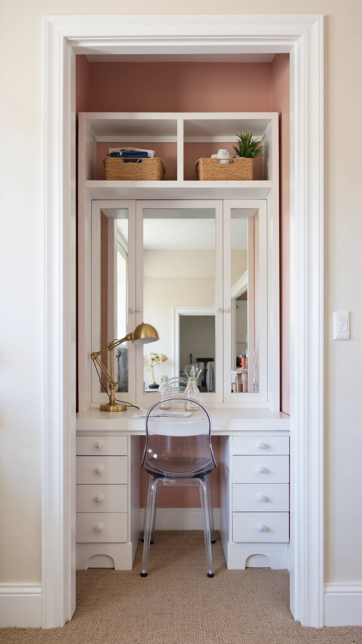 Cozy closet office with blush pink accent wall, white shelving, ghost chair, and brass lamp in morning light.