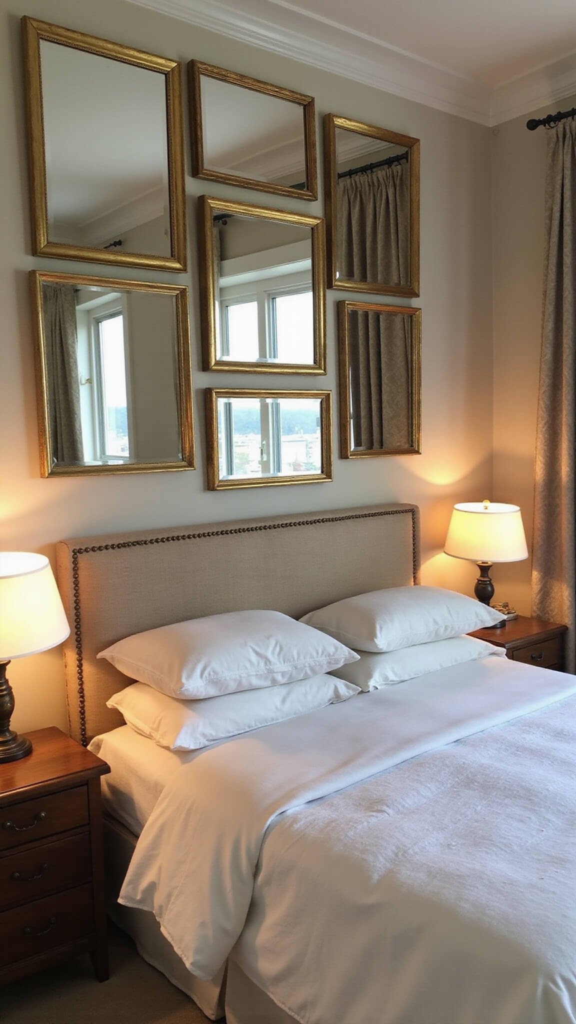 Dusk-lit bedroom with gold-framed mirrors covering one wall, creating infinite reflections; queen bed with ivory linens in foreground.