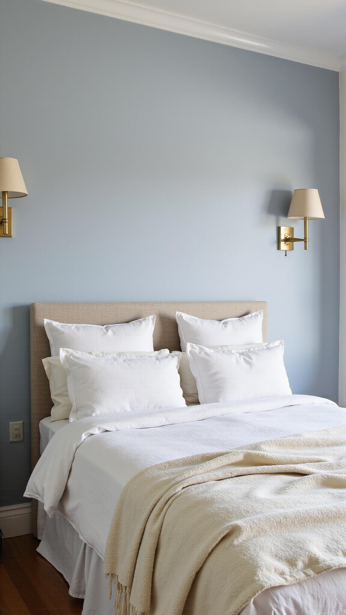 Monochromatic 10x14ft bedroom with pale gray-blue walls, layered white bedding, and cream accents, softly lit by wall sconces during blue hour.