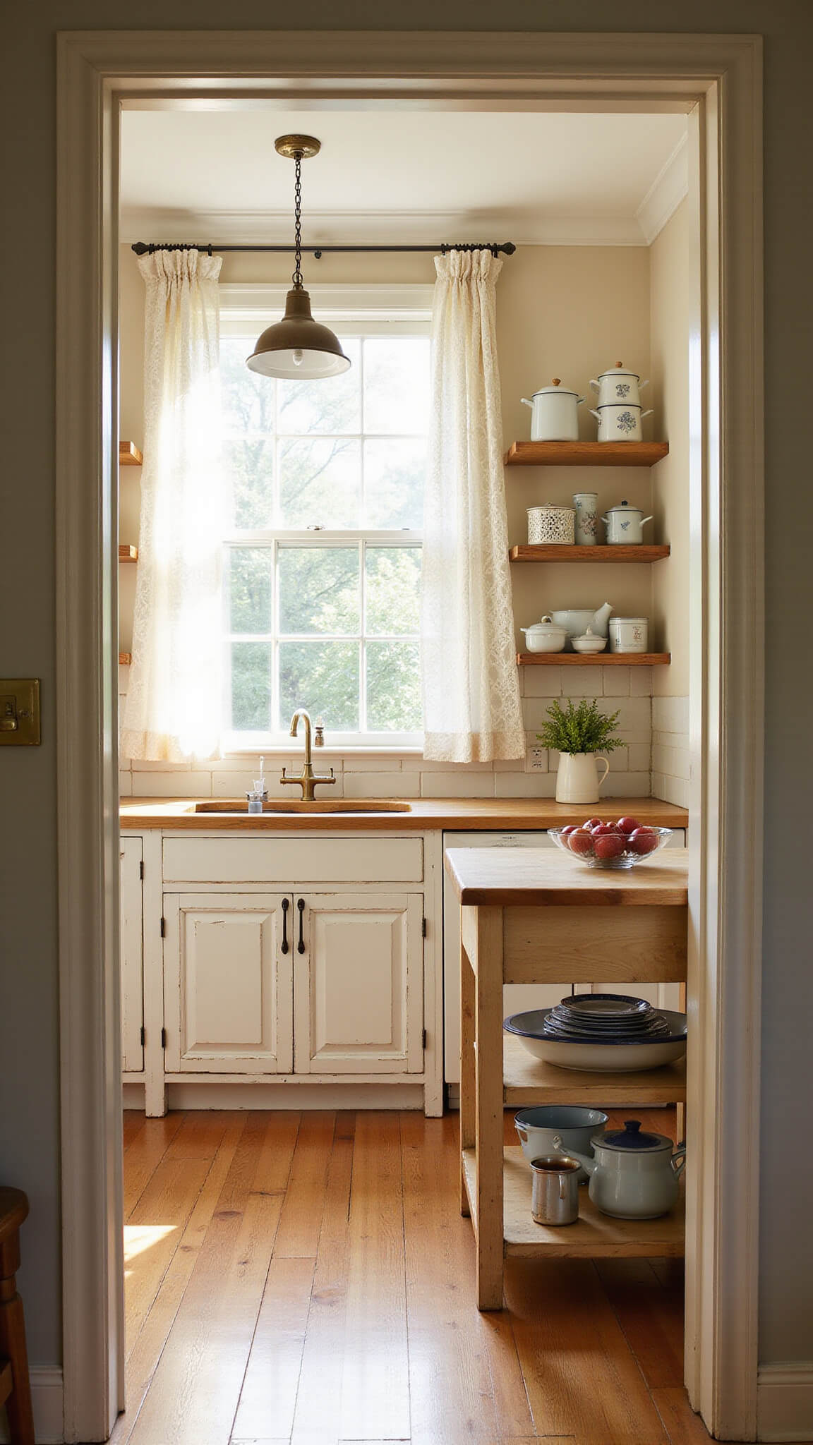 Sunlit farmhouse kitchen with distressed white pine cabinets, butcher block island, vintage enamelware, and warm golden hour lighting.