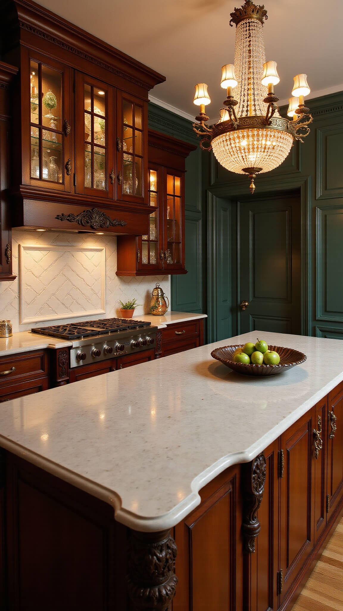 Low-angle view of an opulent Victorian kitchen with tall mahogany glass-front cabinets, marble countertops, a crystal chandelier casting shadows, ornate corbels, brass hardware, and hunter green walls with gold accents.